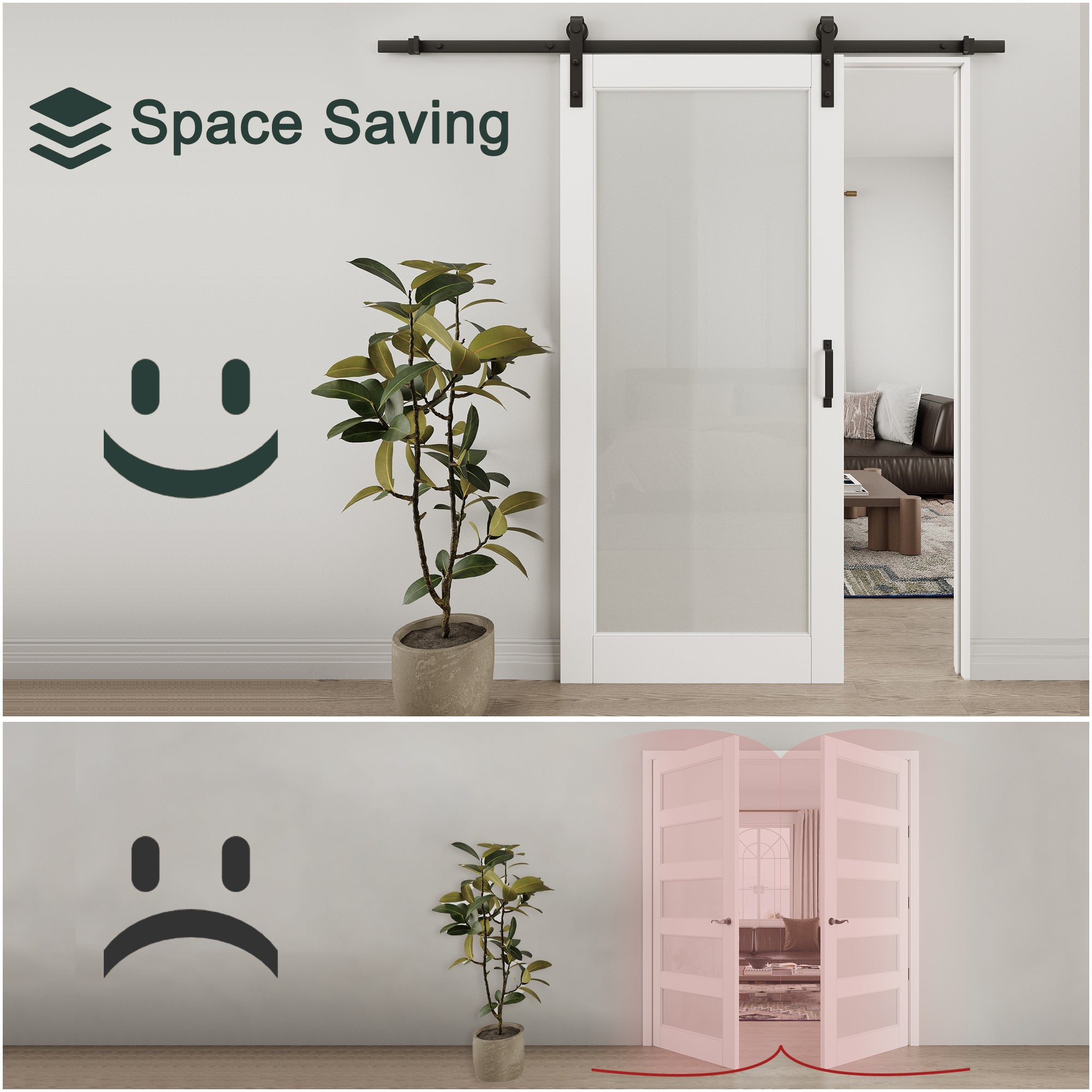 Ark Design 1-Lite Tempered Frosted Glass White Primed MDF Top Mounted Composite Double Sliding Barn Doors with Hardware Kit