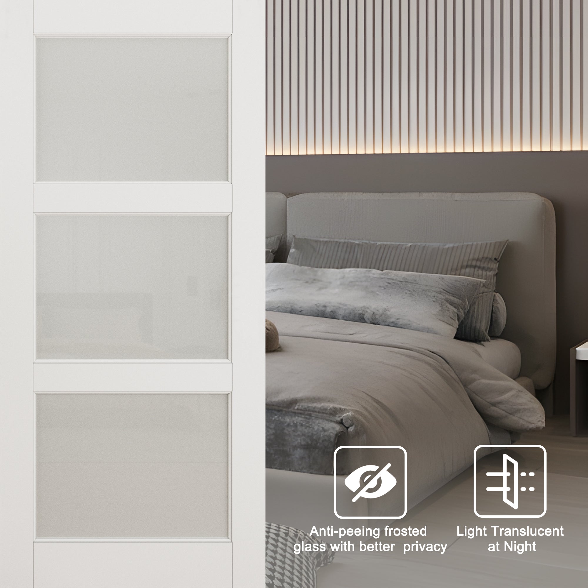 Ark Design 3-Lite Tempered Frosted Glass White Primed MDF Top Mounted Composite Double Sliding Barn Doors with Hardware Kit