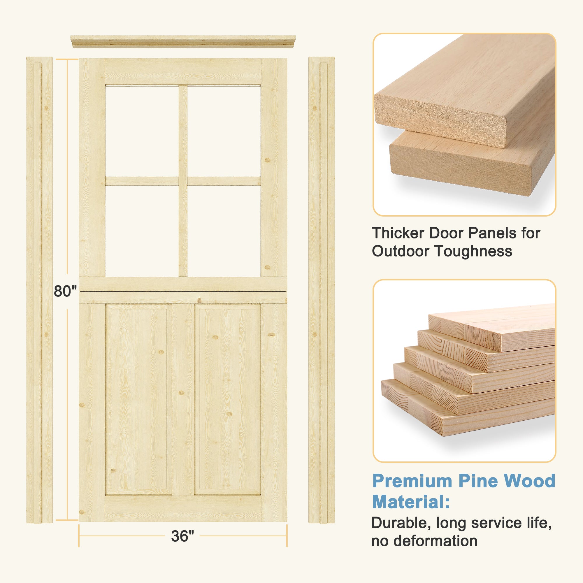 Ark Design Solid Pine Universal 4 Lite Clear Glass & 2 Lite Panel Unfinished Dutch Door, Pine Wood Front Door with/without Ready-to-Assemble Jamb