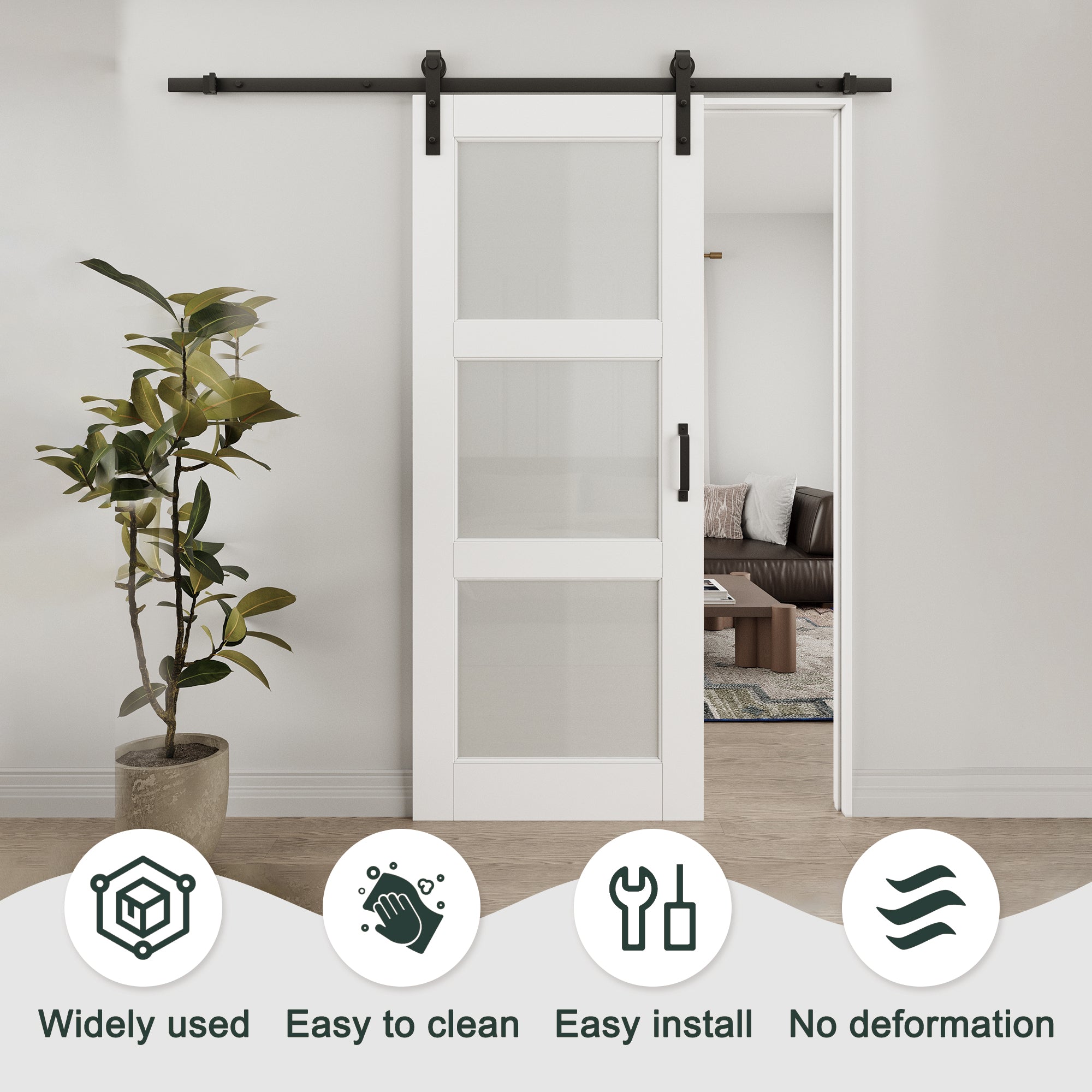 Ark Design 3-Lite Tempered Frosted Glass White Primed MDF Top Mounted Composite Double Sliding Barn Doors with Hardware Kit