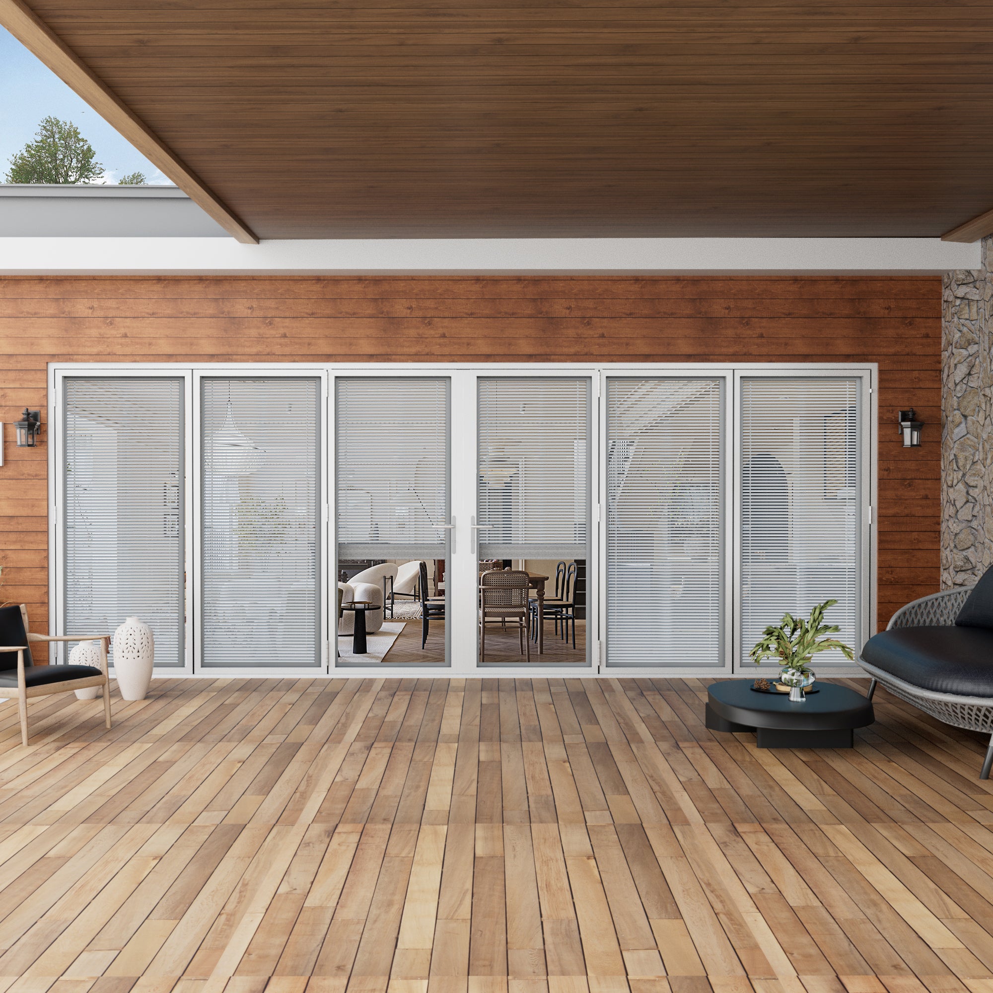 Ark Design 6 Panel Center Opening Outswing Double Louver White Aluminum Folding Patio Door