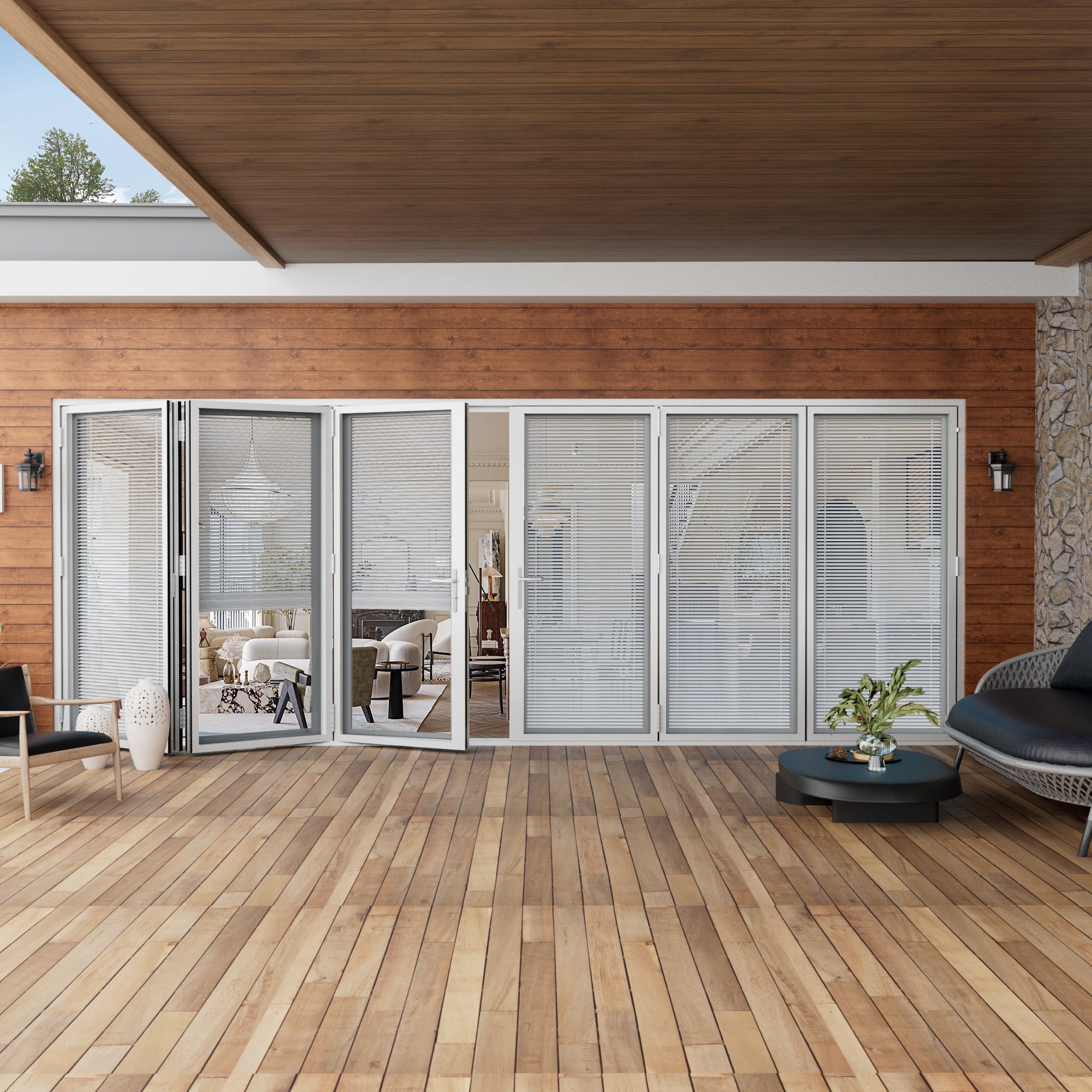 Ark Design 6 Panel Center Opening Outswing Double Louver White Aluminum Folding Patio Door