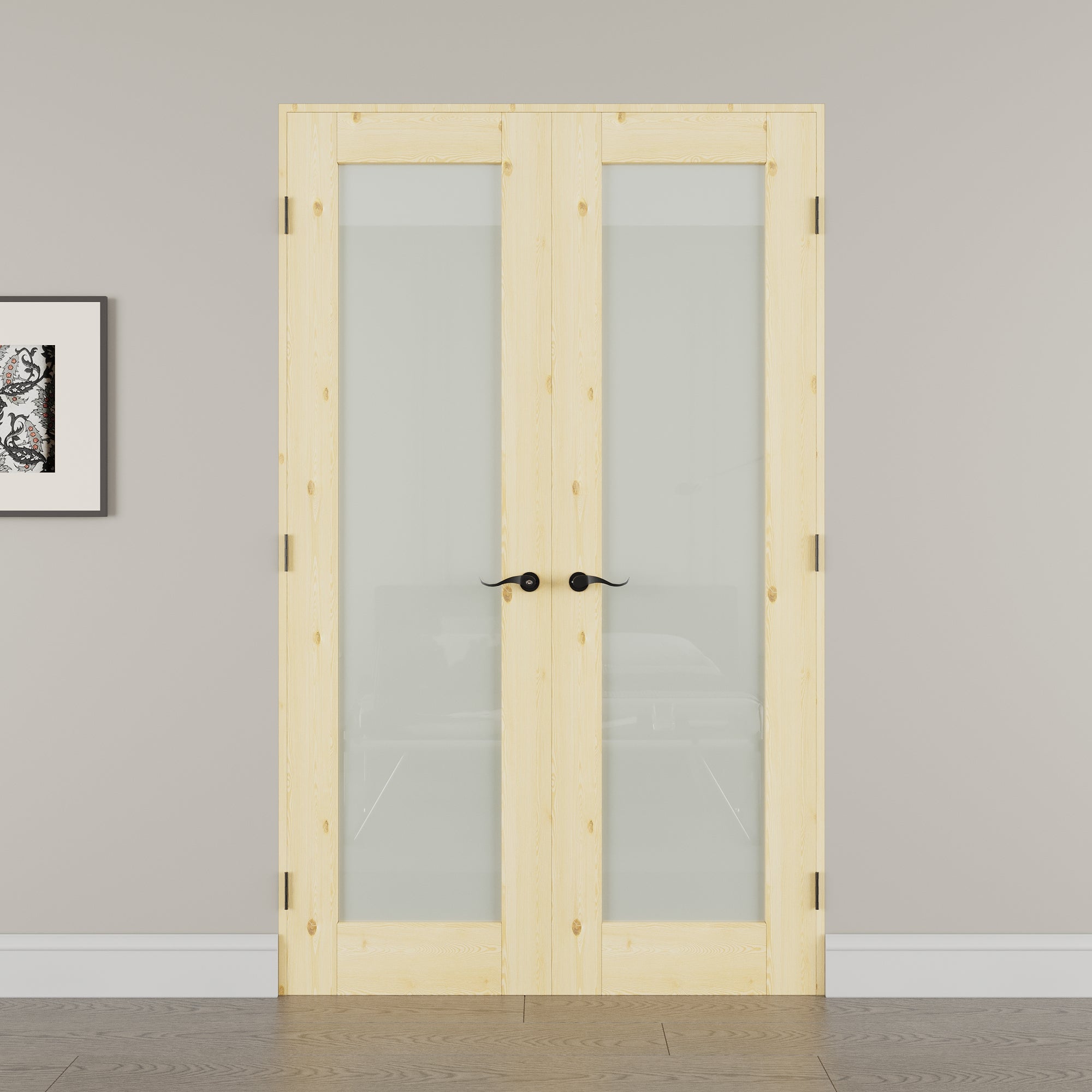 [Black Hardware Prehung French Door Collection] 1-Lite Frosted Glass,Pine Wood Solid Core Double Prehung French Door with Ready-to-Assemble Jamb