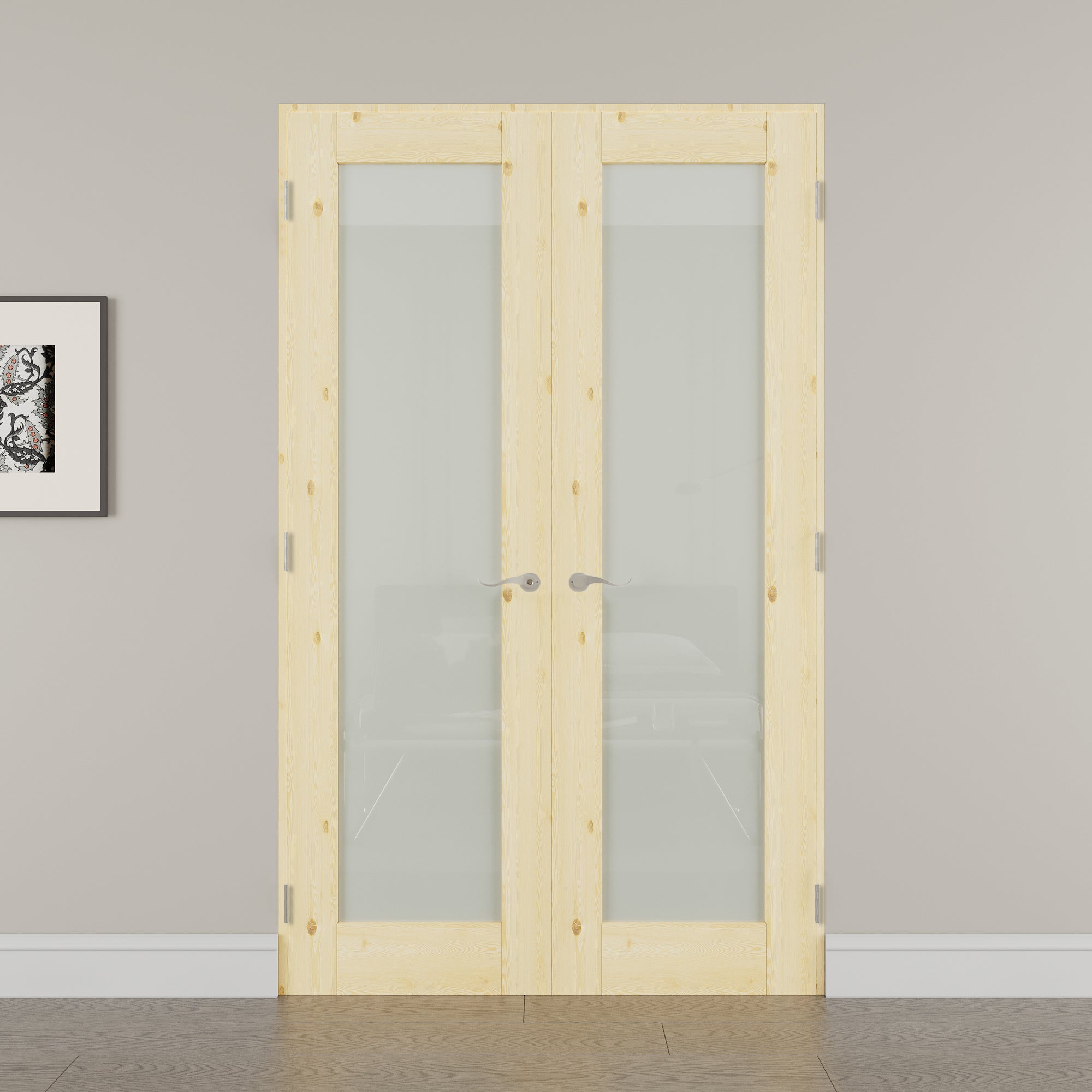 [Silver Hardware Prehung French Door Collection] 1-Lite Frosted Glass,Pine Wood Solid Core Double Prehung French Door with Sliver Handware kit & Ready-to-Assemble Jamb