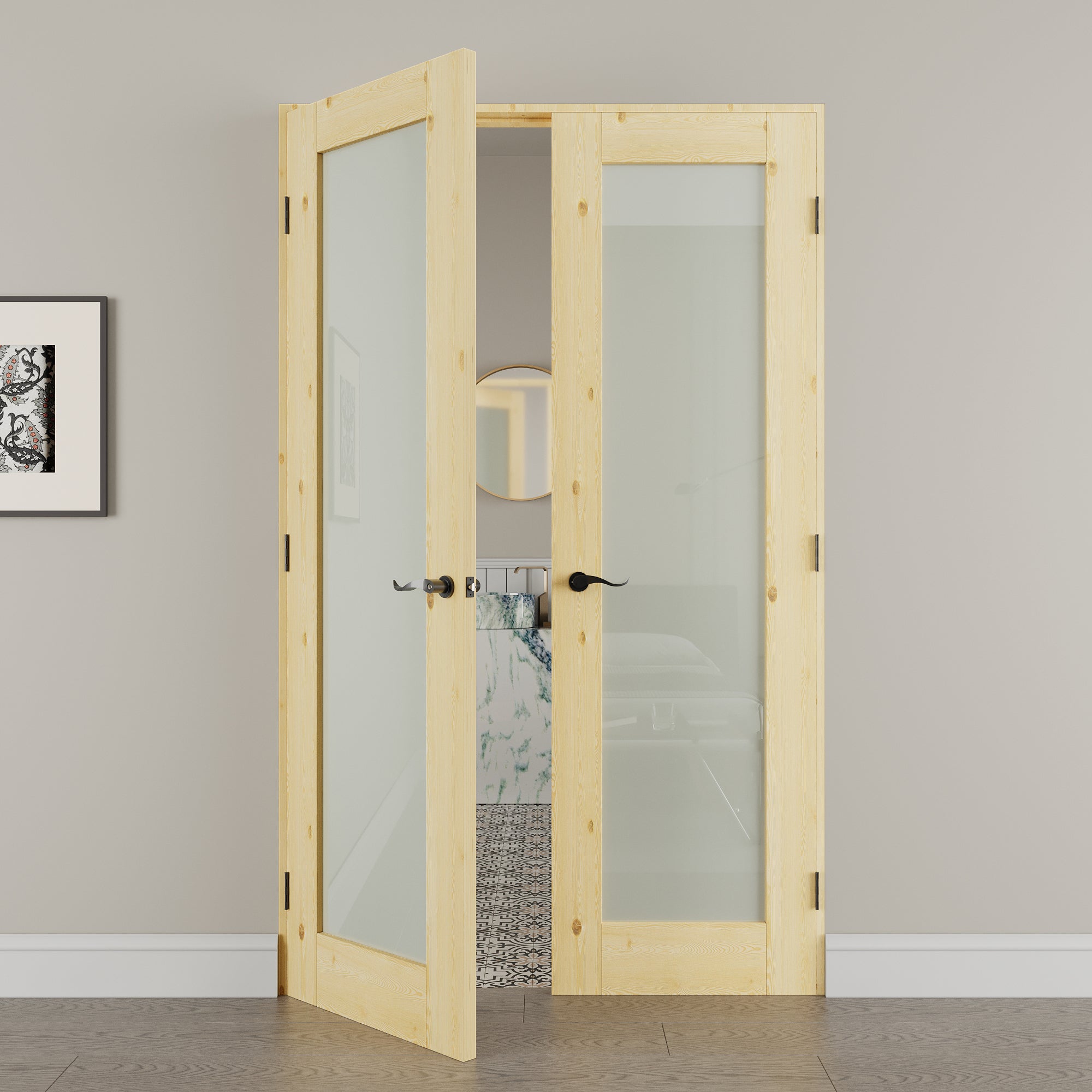 [Black Hardware Prehung French Door Collection] 1-Lite Frosted Glass,Pine Wood Solid Core Double Prehung French Door with Ready-to-Assemble Jamb