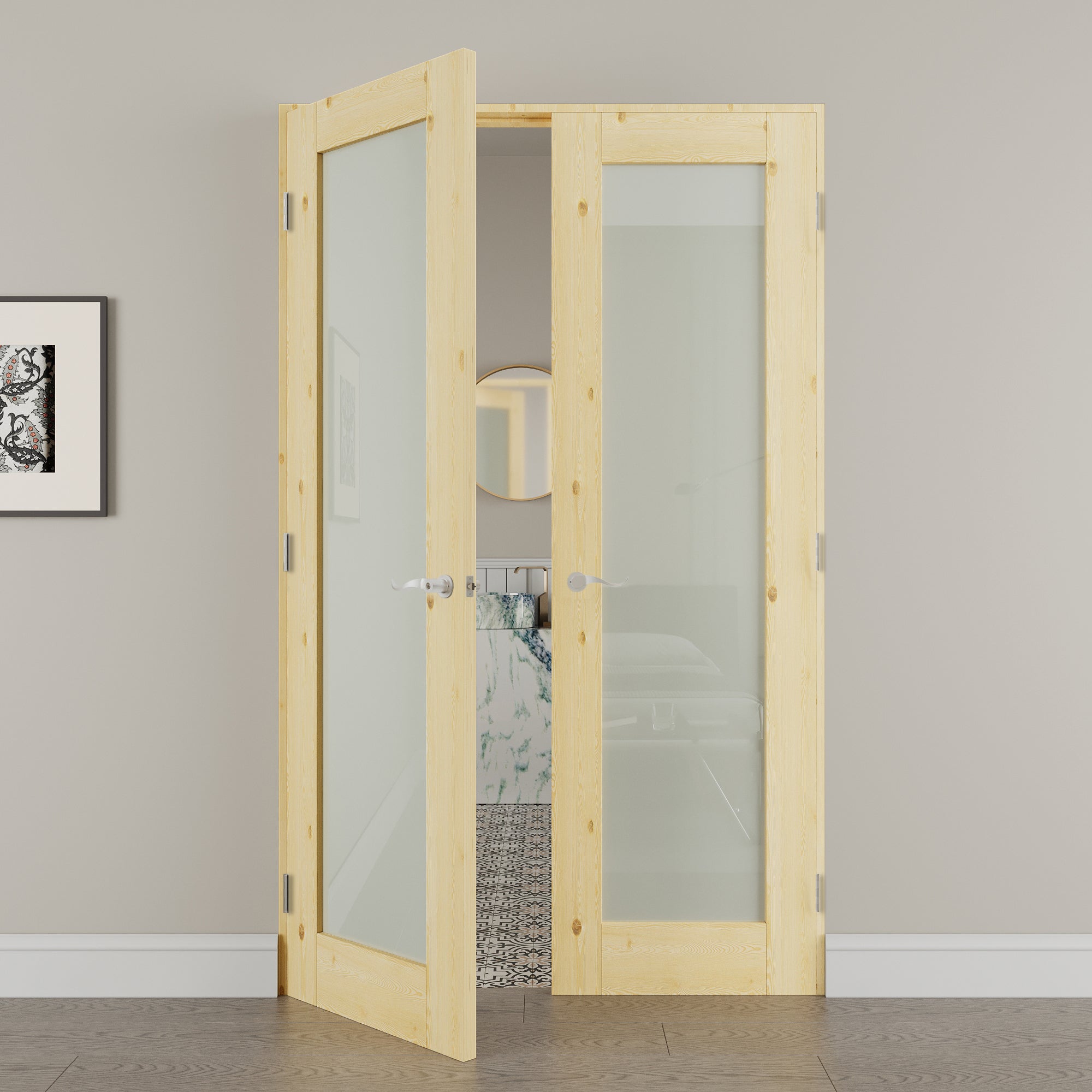 [Silver Hardware Prehung French Door Collection] 1-Lite Frosted Glass,Pine Wood Solid Core Double Prehung French Door with Sliver Handware kit & Ready-to-Assemble Jamb