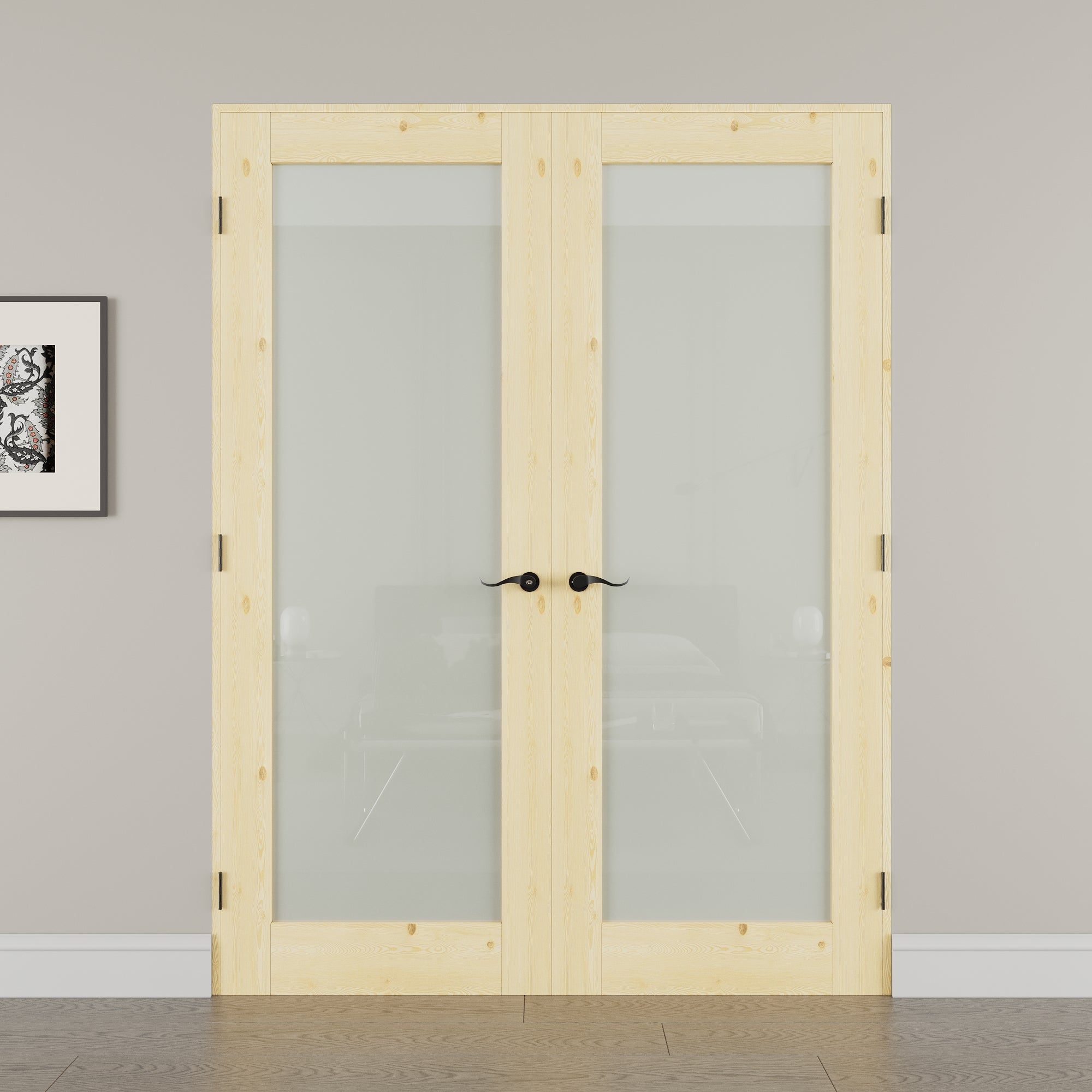 [Black Hardware Prehung French Door Collection] 1-Lite Frosted Glass,Pine Wood Solid Core Double Prehung French Door with Ready-to-Assemble Jamb