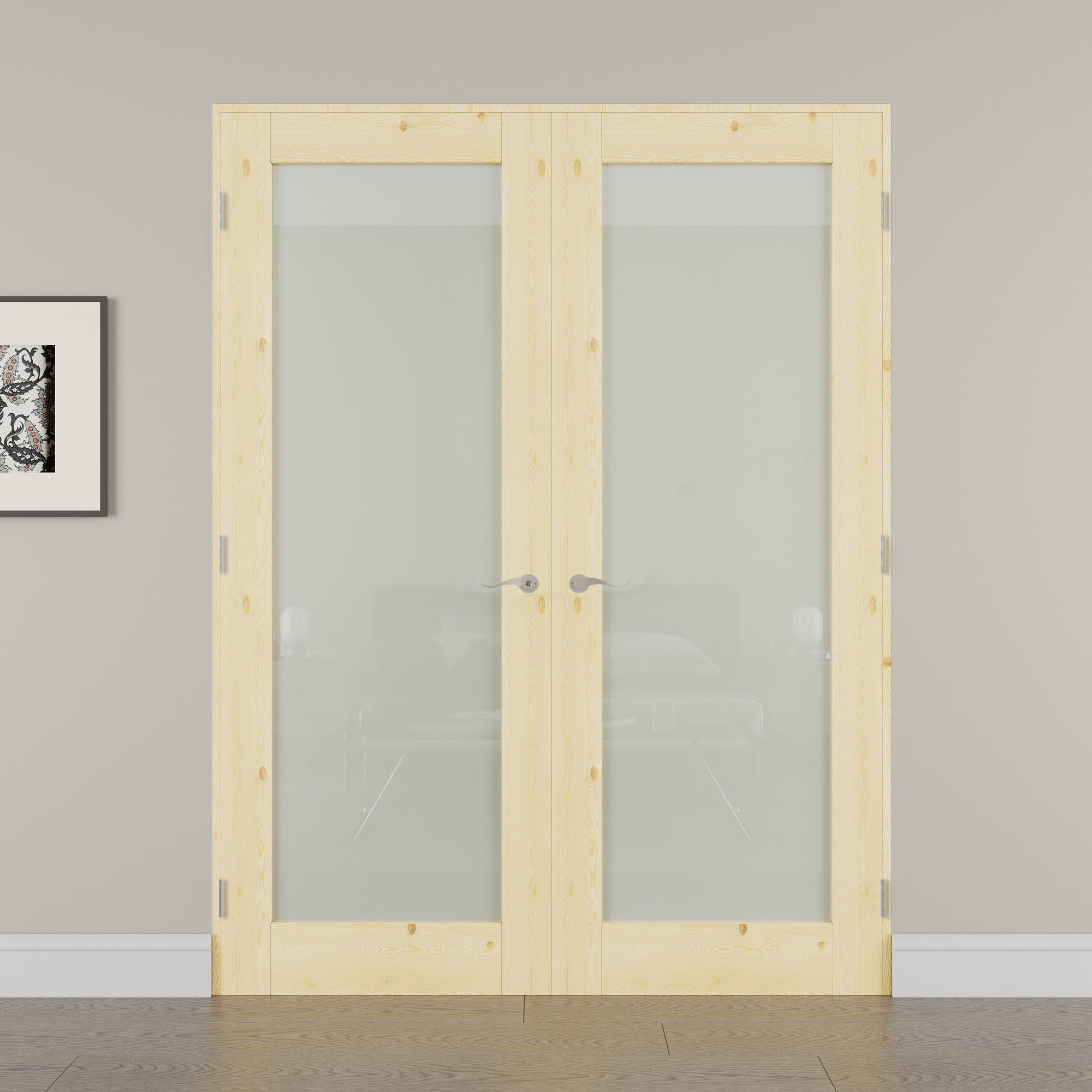 [Silver Hardware Prehung French Door Collection] 1-Lite Frosted Glass,Pine Wood Solid Core Double Prehung French Door with Sliver Handware kit & Ready-to-Assemble Jamb