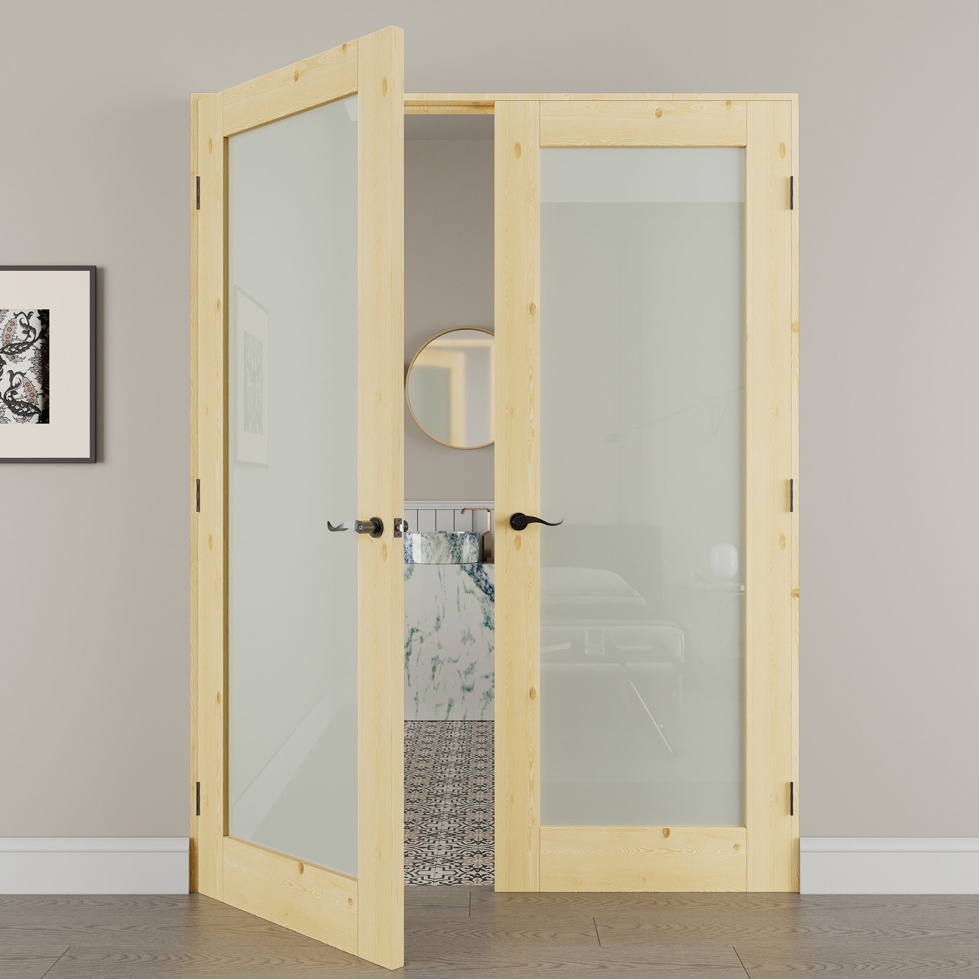 [Black Hardware Prehung French Door Collection] 1-Lite Frosted Glass,Pine Wood Solid Core Double Prehung French Door with Ready-to-Assemble Jamb