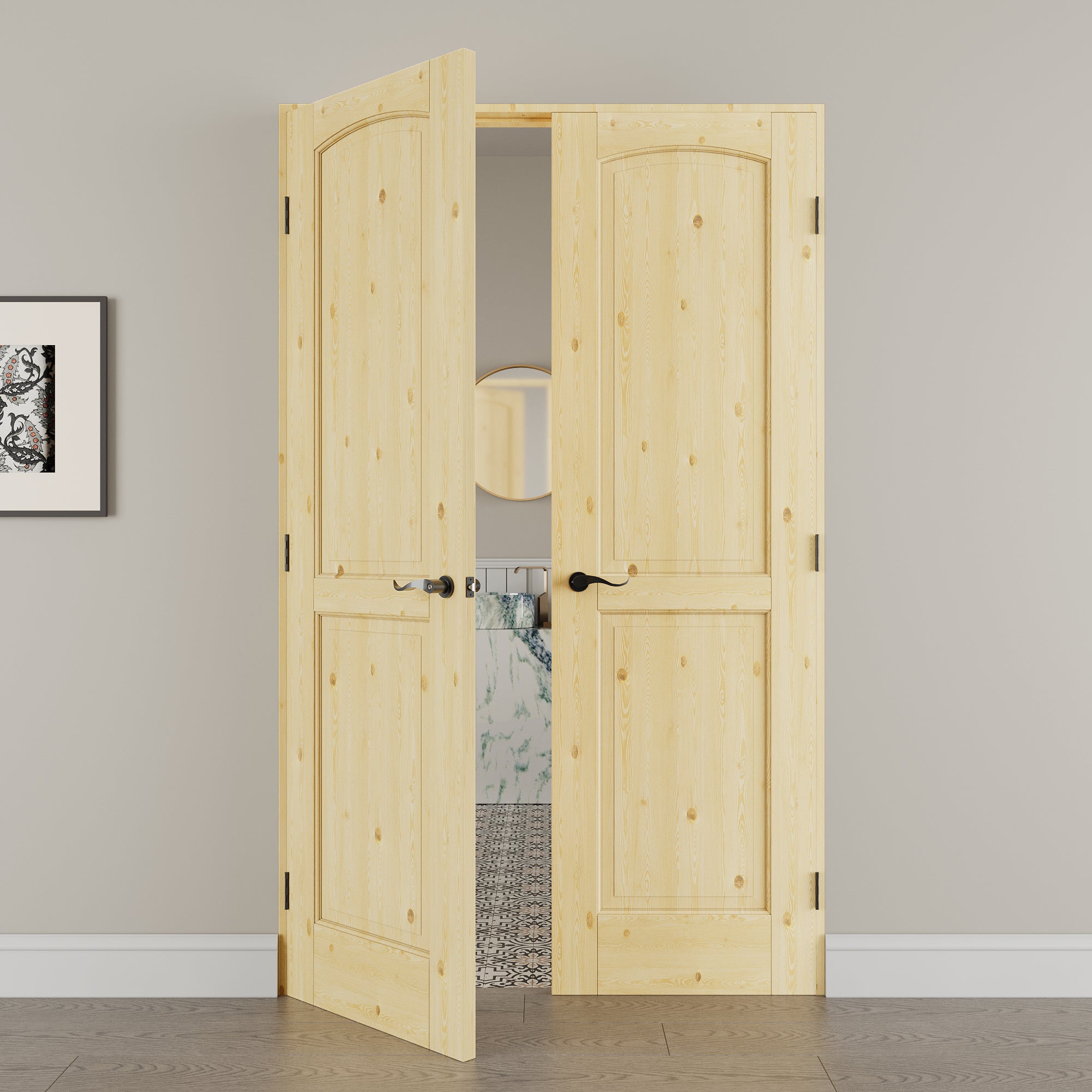 [Black Hardware Prehung French Door Collection] 2-Panel Pine Wood Solid Core Double Prehung French Door with Ready-to-Assemble Jamb