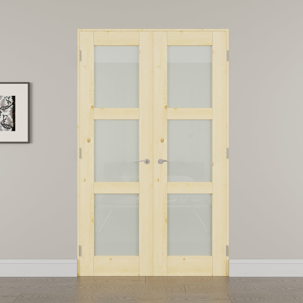 Ark Design 56 in. x 80 in. 3-Lite Frosted Glass Universal Solid Core Glass Double Prehung Interior Door with Quick Assemble Jamb, image size:1024x1024