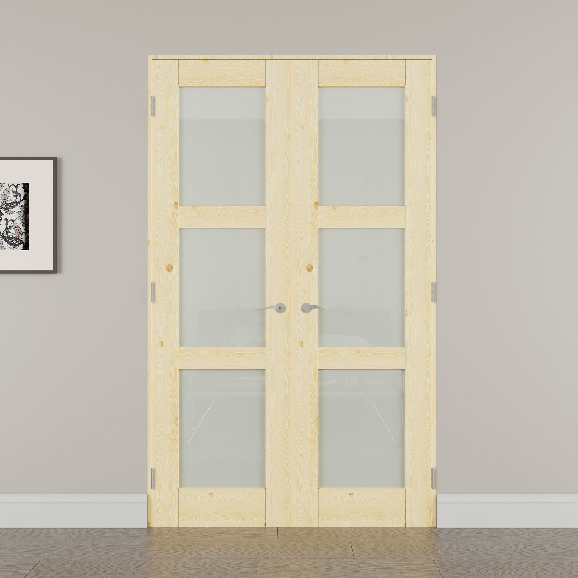[Black Hardware Prehung French Door Collection] 3-Lite Frosted Glass,Pine Wood Solid Core Double Prehung French Door with Assemble Jamb