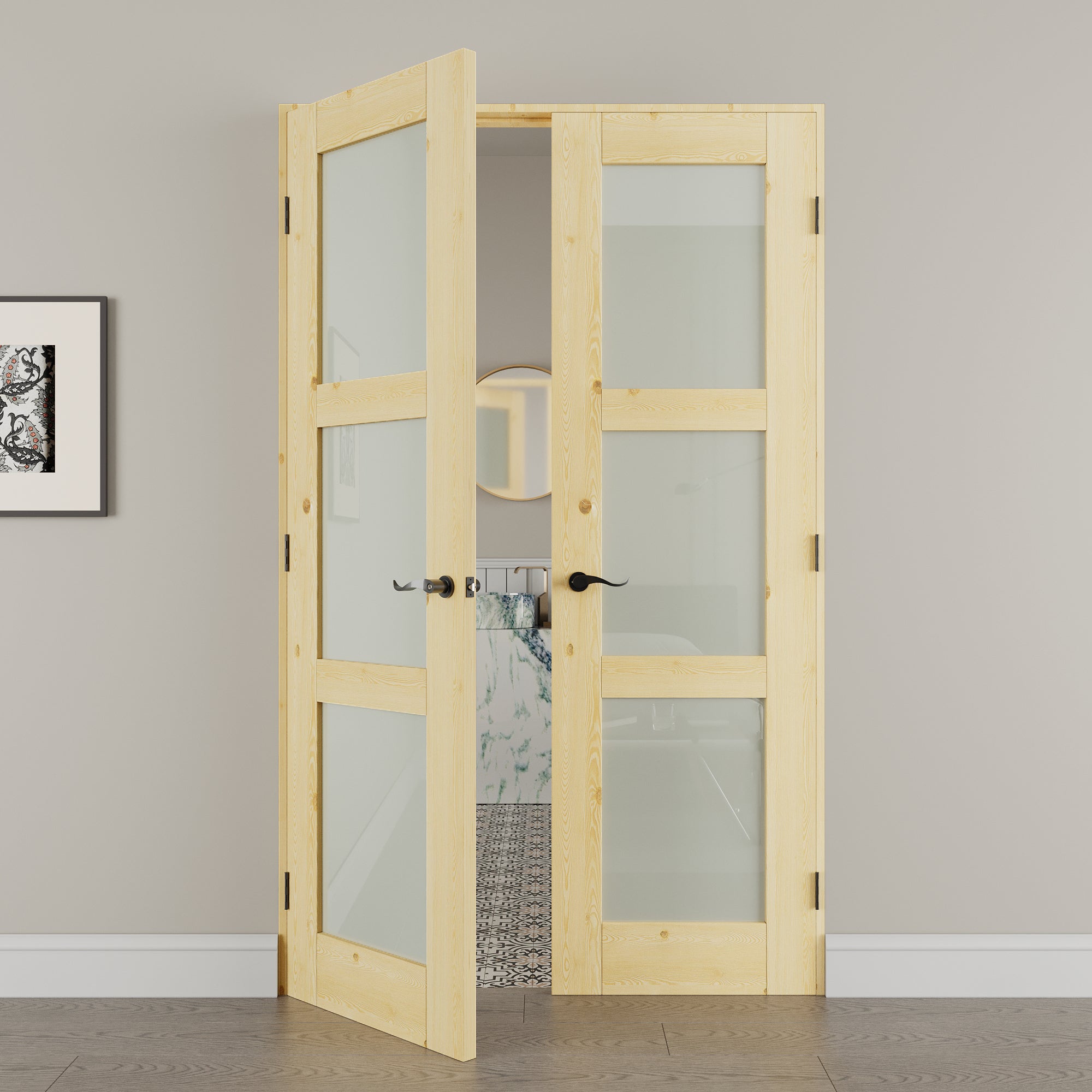 [Silver Hardware Prehung French Door Collection] 3-Lite Frosted Glass,Pine Wood Solid Core Double Prehung French Door with Sliver Handware kit & Ready Assemble Jamb