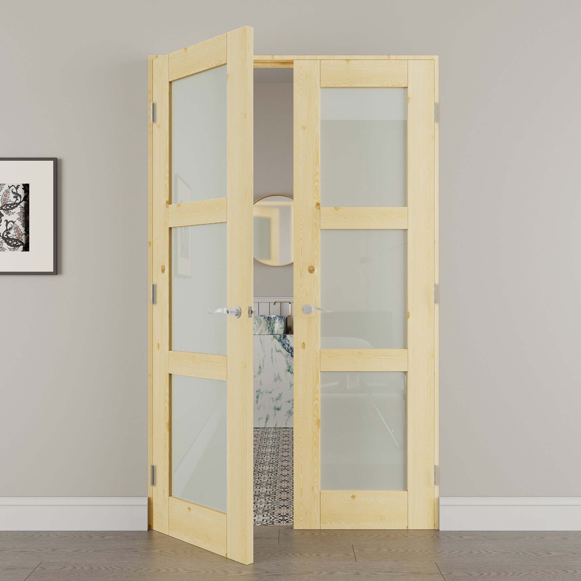[Black Hardware Prehung French Door Collection] 3-Lite Frosted Glass,Pine Wood Solid Core Double Prehung French Door with Assemble Jamb