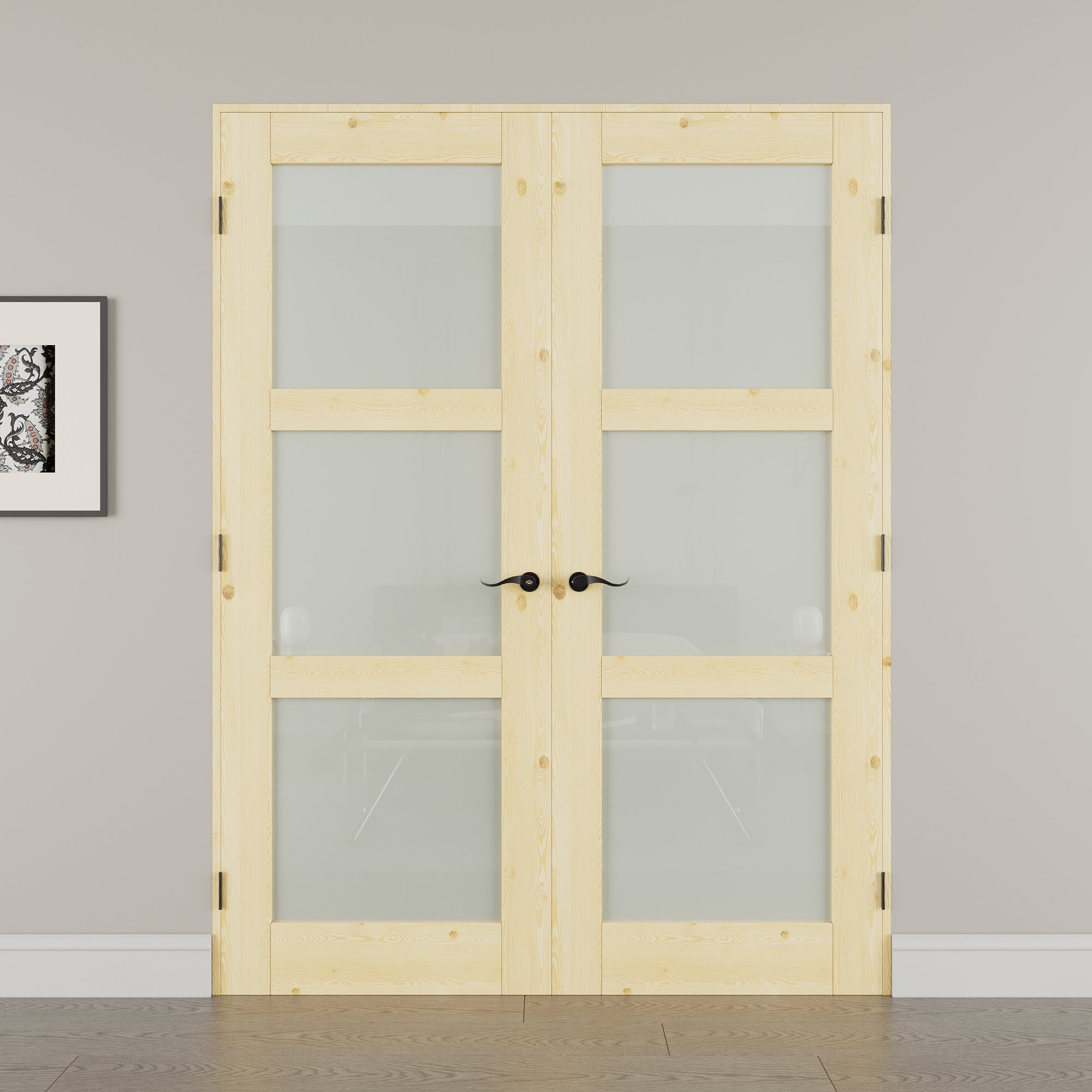 [Silver Hardware Prehung French Door Collection] 3-Lite Frosted Glass,Pine Wood Solid Core Double Prehung French Door with Sliver Handware kit & Ready Assemble Jamb