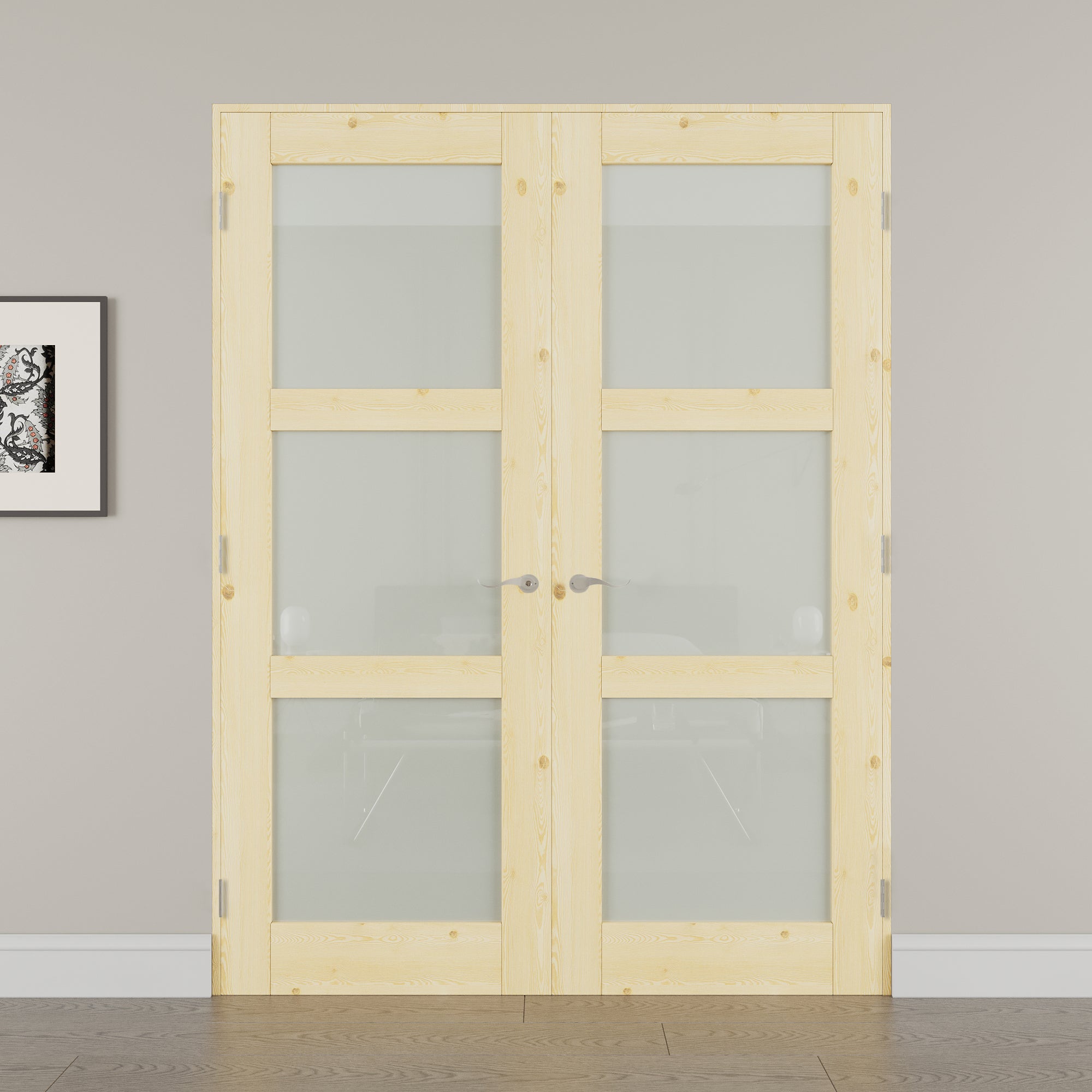 [Black Hardware Prehung French Door Collection] 3-Lite Frosted Glass,Pine Wood Solid Core Double Prehung French Door with Assemble Jamb