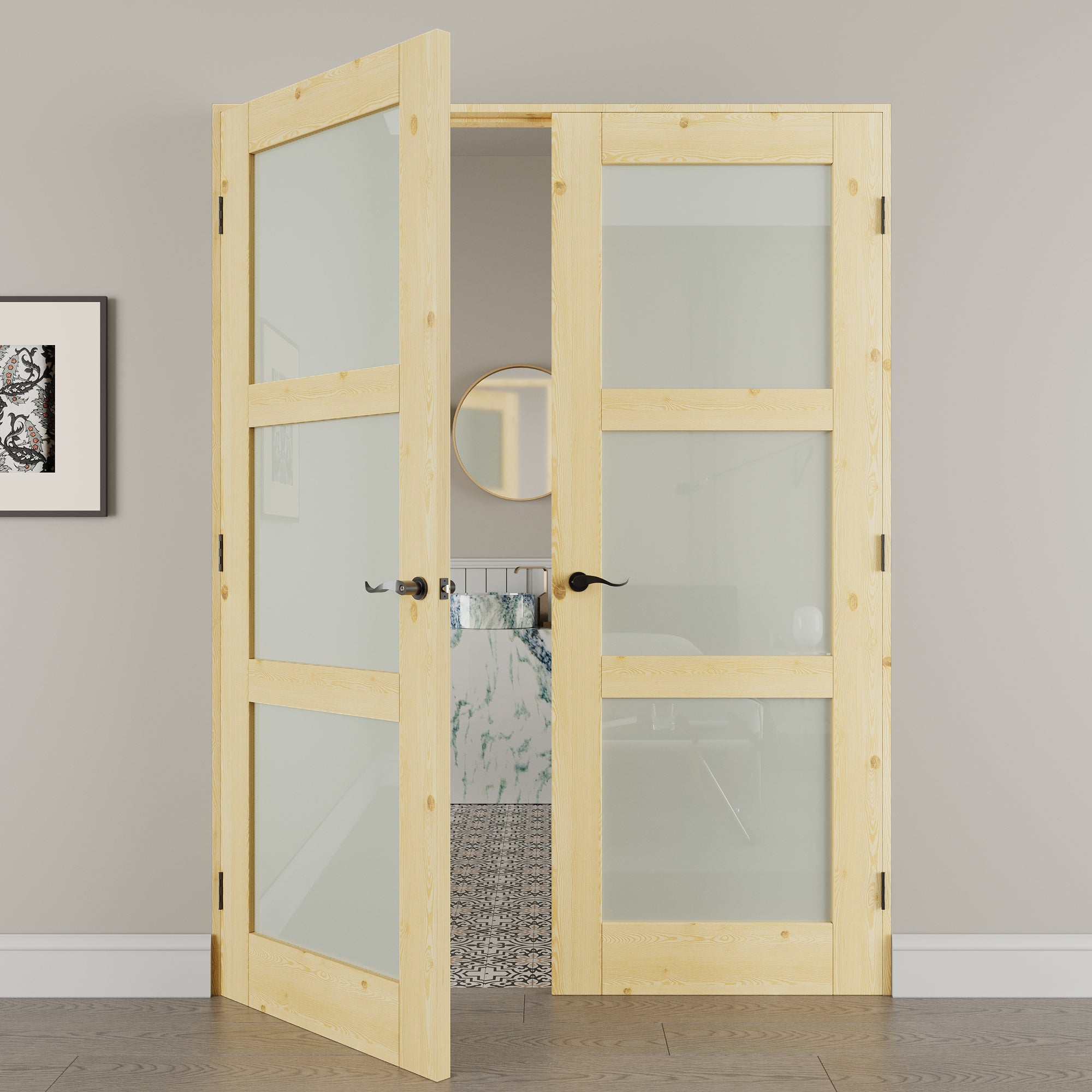 [Silver Hardware Prehung French Door Collection] 3-Lite Frosted Glass,Pine Wood Solid Core Double Prehung French Door with Sliver Handware kit & Ready Assemble Jamb