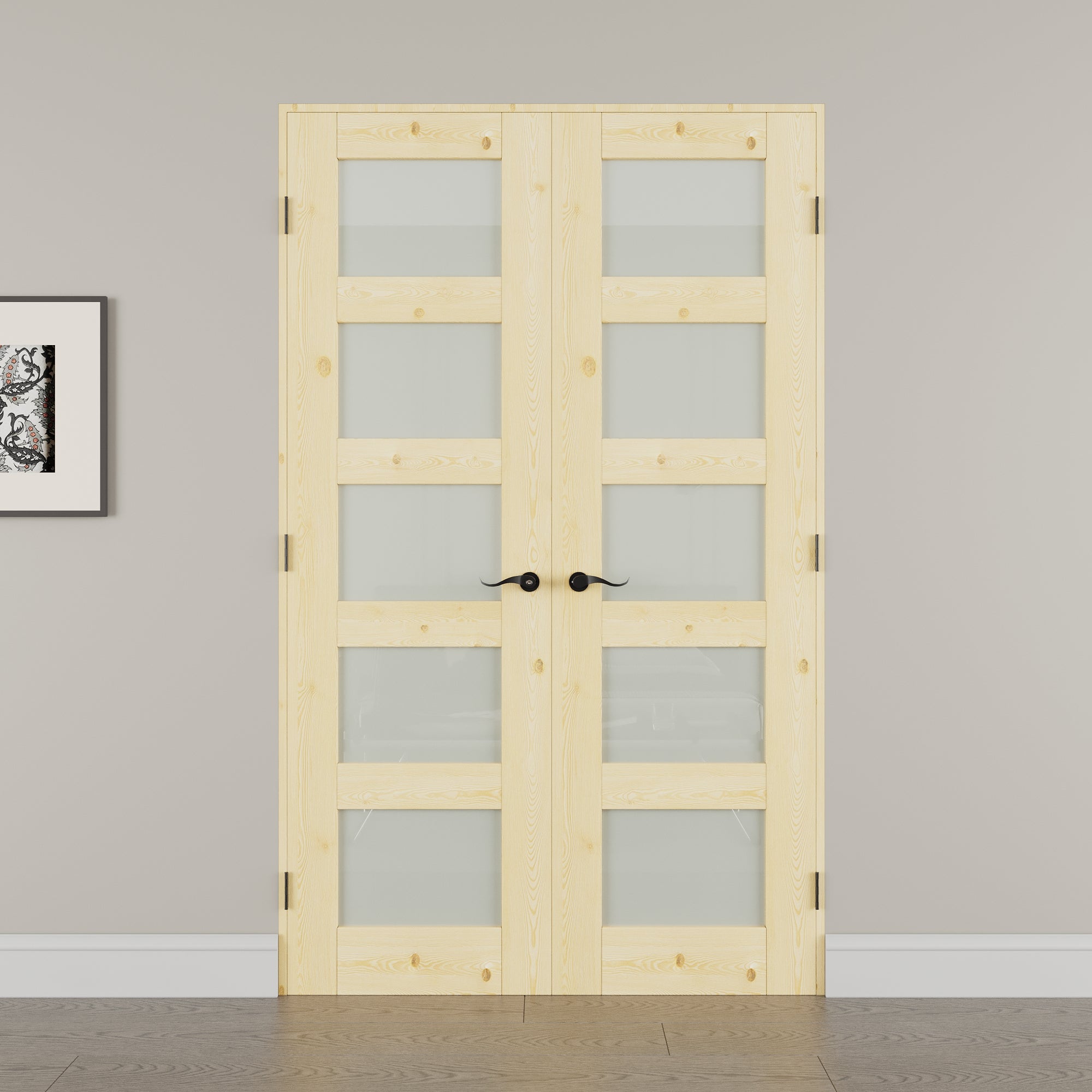 [Black Hardware Prehung French Door Collection] 5 Lite Frosted Glass,Pine Wood Solid Core Double Prehung French Door with Ready-to-Assemble Jamb