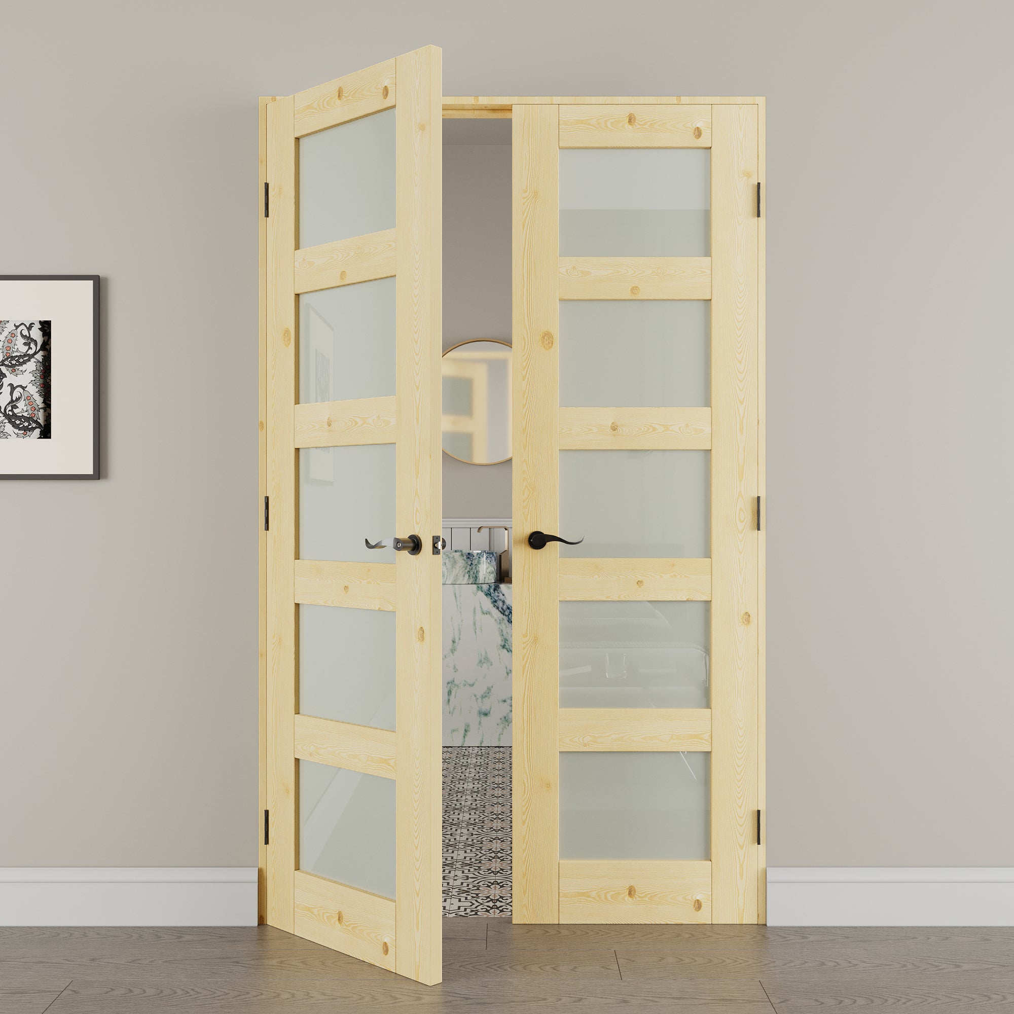 [Black Hardware Prehung French Door Collection] 5 Lite Frosted Glass,Pine Wood Solid Core Double Prehung French Door with Ready-to-Assemble Jamb