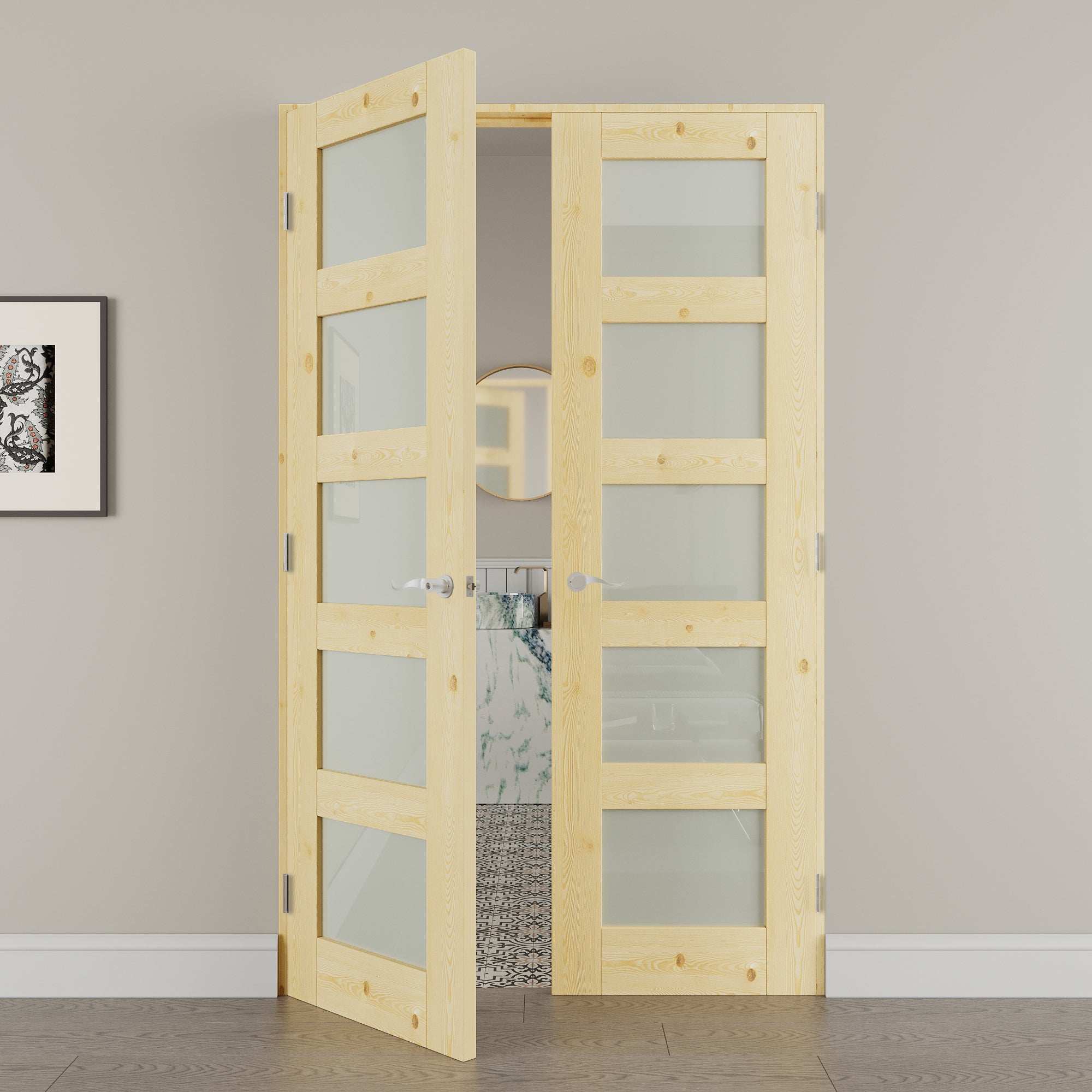 [Silver Hardware Prehung French Door Collection] 5 Lite Frosted Glass,Pine Wood Solid Core Double Prehung French Door with Sliver Handware kit & Ready-to-Assemble Jamb
