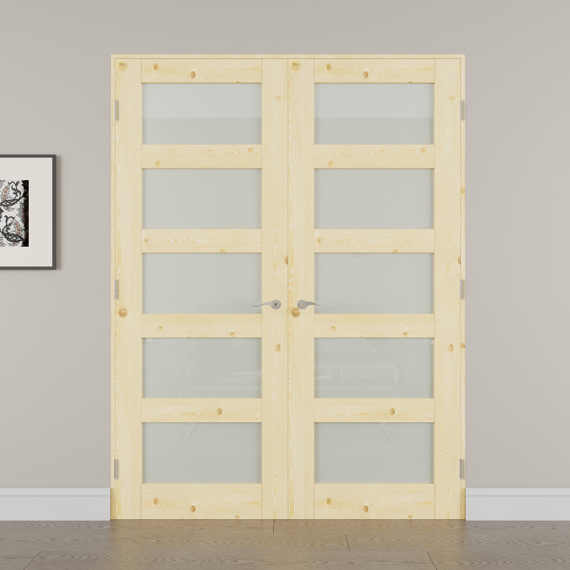 [Silver Hardware Prehung French Door Collection] 5 Lite Frosted Glass,Pine Wood Solid Core Double Prehung French Door with Sliver Handware kit & Ready-to-Assemble Jamb
