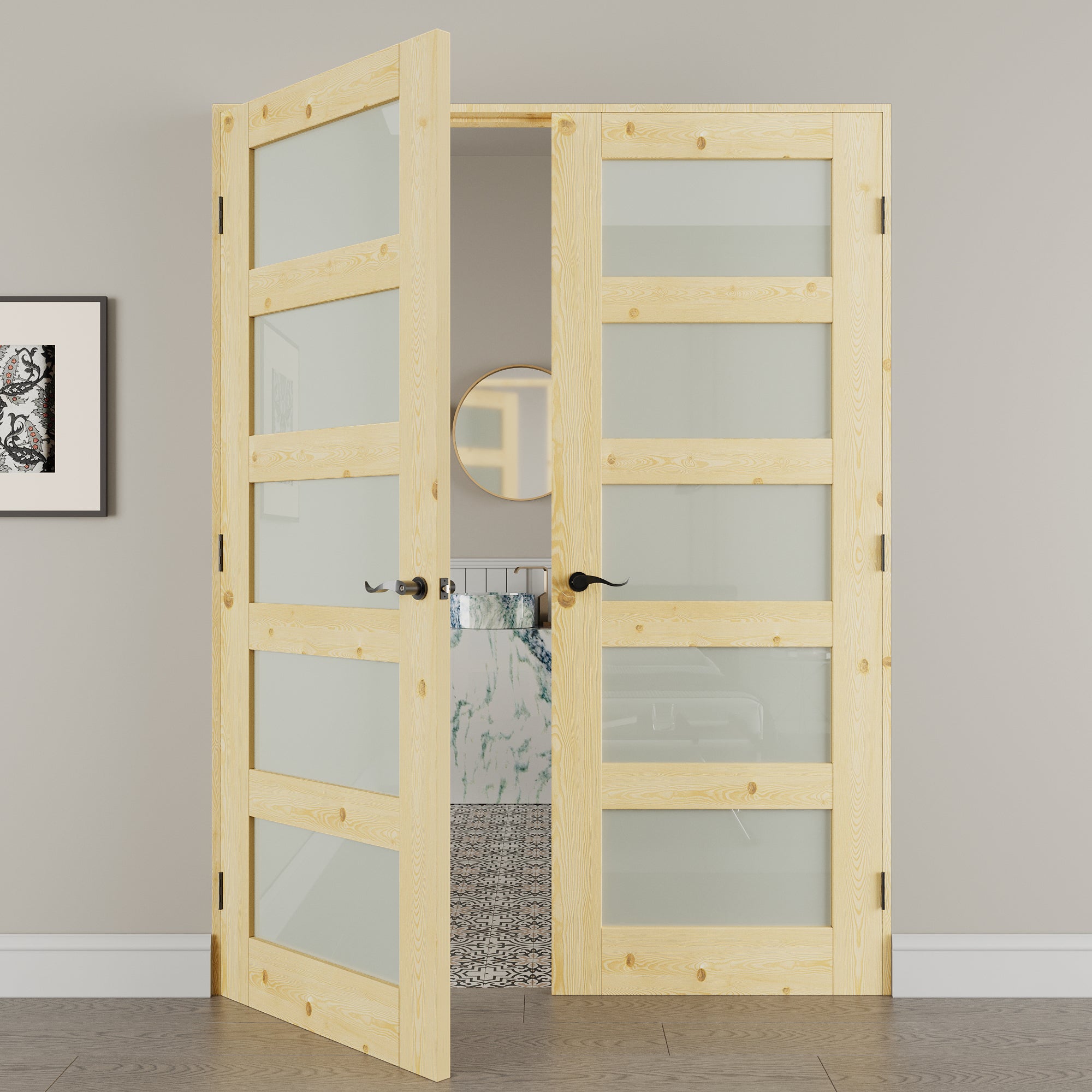 [Black Hardware Prehung French Door Collection] 5 Lite Frosted Glass,Pine Wood Solid Core Double Prehung French Door with Ready-to-Assemble Jamb