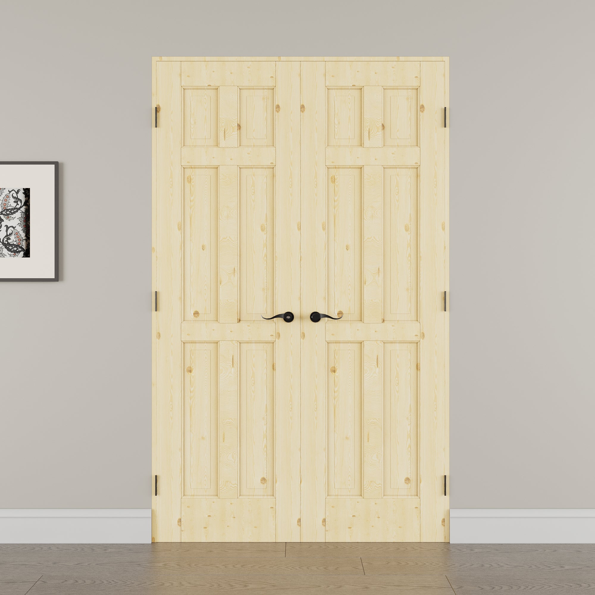 [Black Hardware Prehung French Door Collection] 6-Panel Pine Wood Solid Core Double Prehung French Door with Ready-to-Assemble Jamb