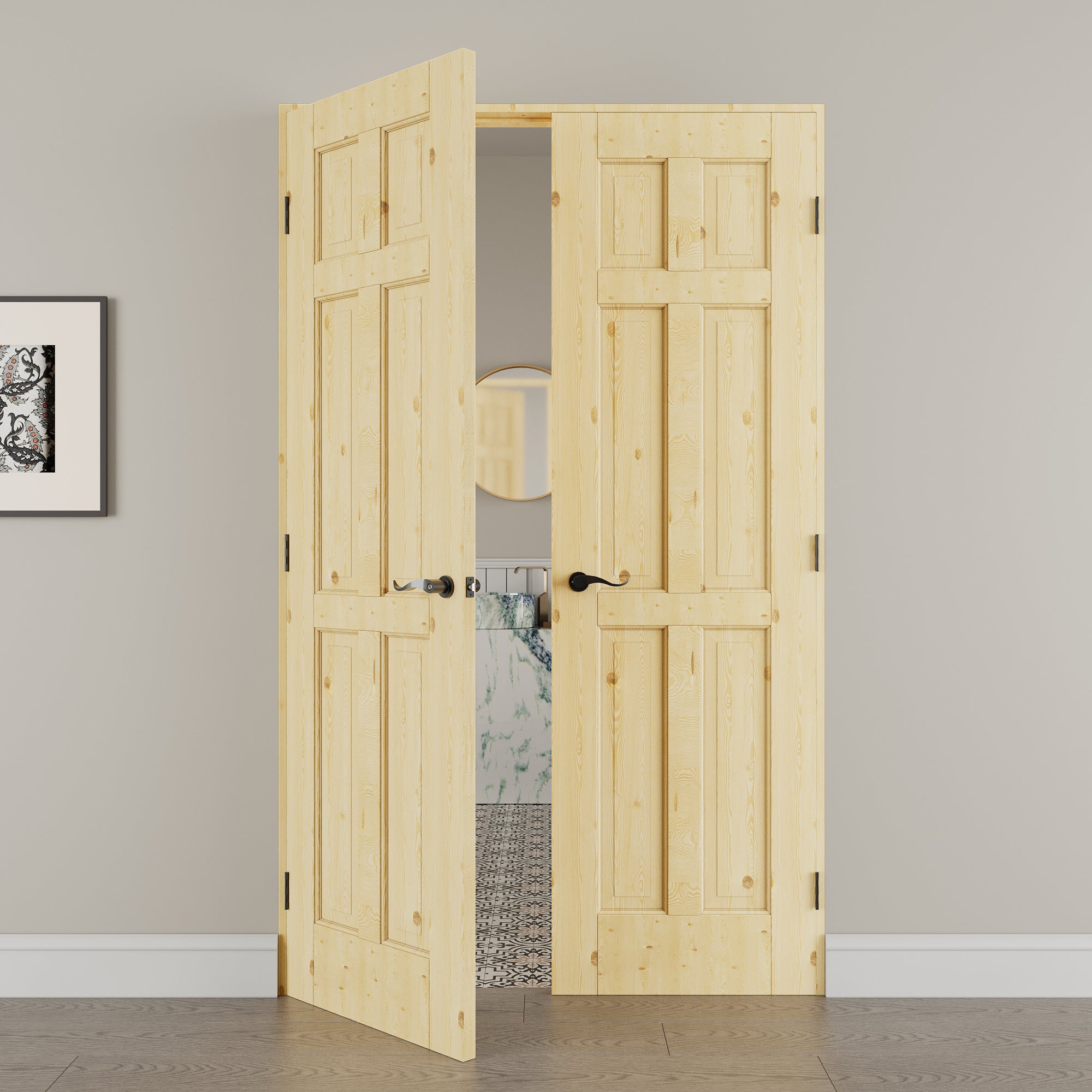 [Black Hardware Prehung French Door Collection] 6-Panel Pine Wood Solid Core Double Prehung French Door with Ready-to-Assemble Jamb