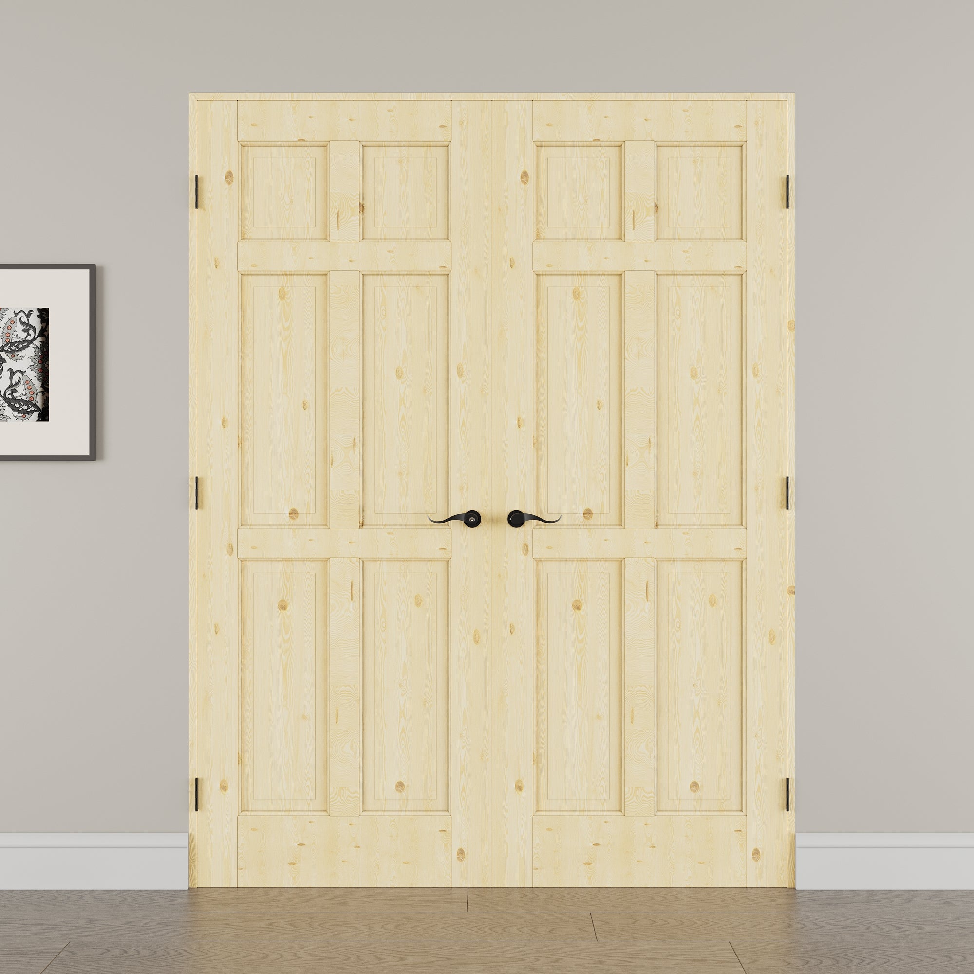 [Black Hardware Prehung French Door Collection] 6-Panel Pine Wood Solid Core Double Prehung French Door with Ready-to-Assemble Jamb