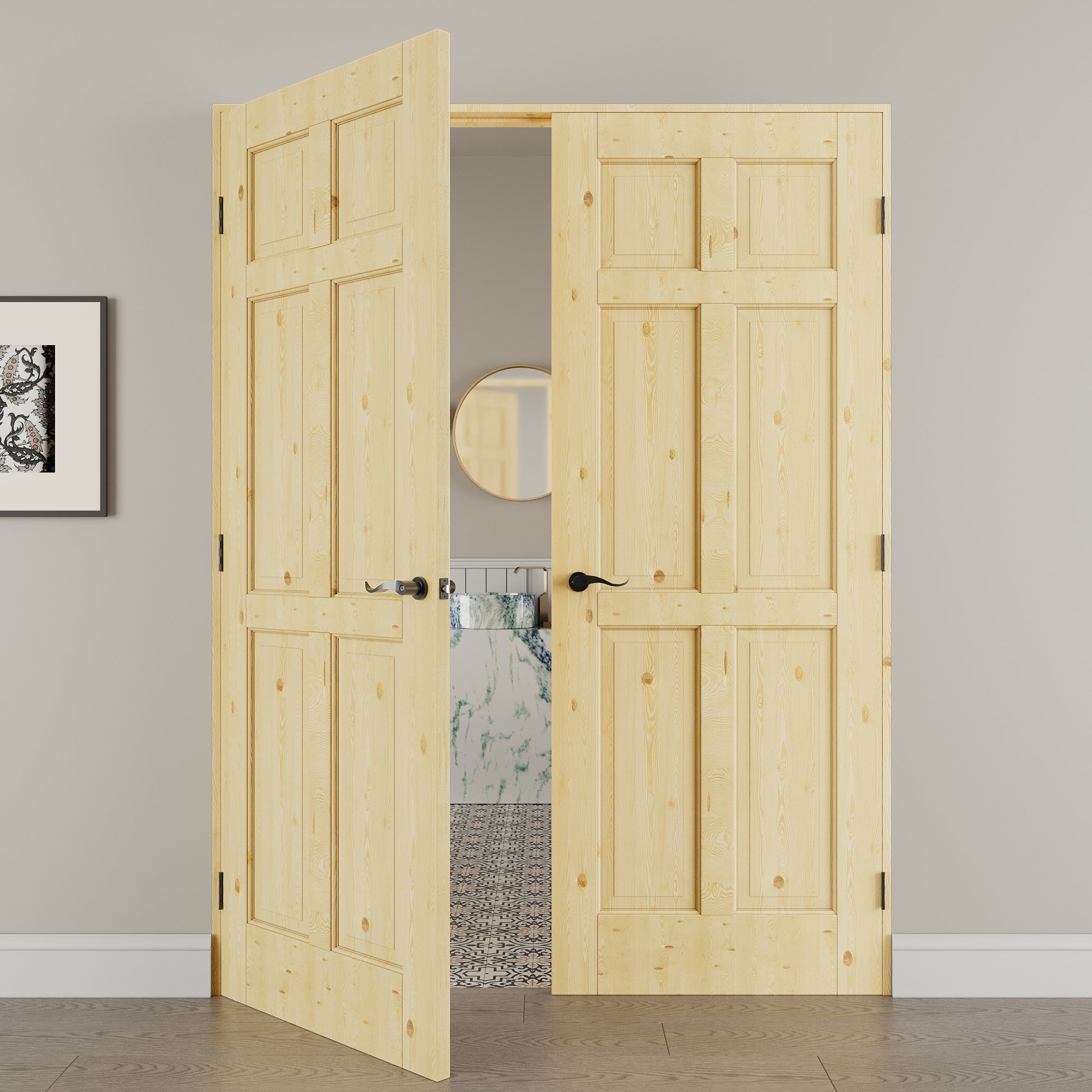 [Black Hardware Prehung French Door Collection] 6-Panel Pine Wood Solid Core Double Prehung French Door with Ready-to-Assemble Jamb