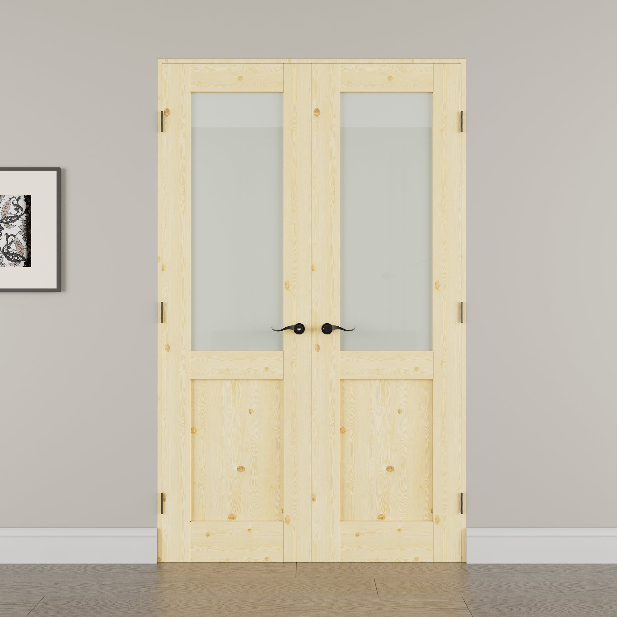 [Black Hardware Prehung French Door Collection] Half Lite Frosted Glass,Pine Wood Solid Core Double Prehung French Door with Ready-to-Assemble Jamb