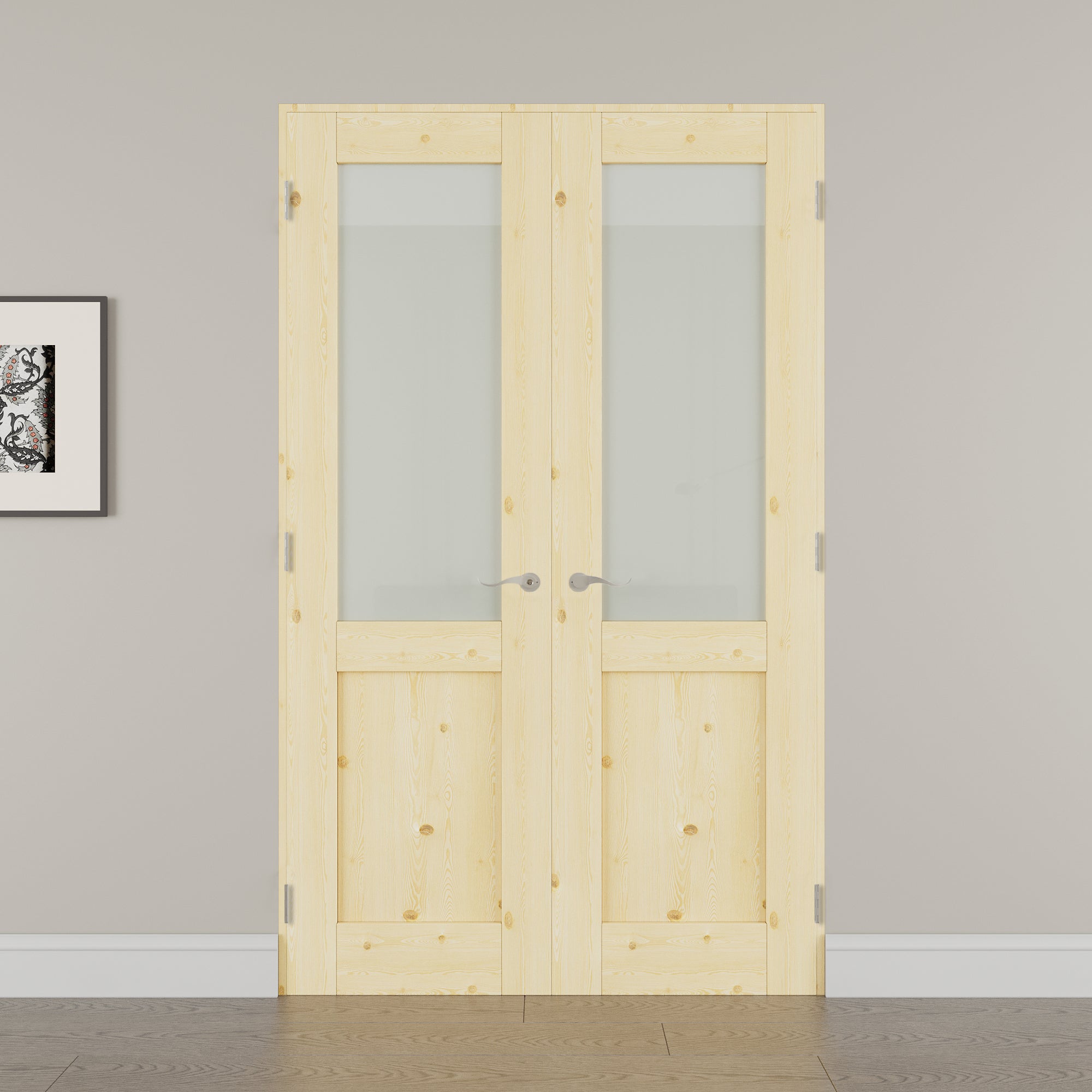 [Silver Hardware Prehung French Door Collection] Half Lite Frosted Glass,Pine Wood Solid Core Double Prehung French Door with Sliver Handware kit & Ready-to-Assemble Jamb