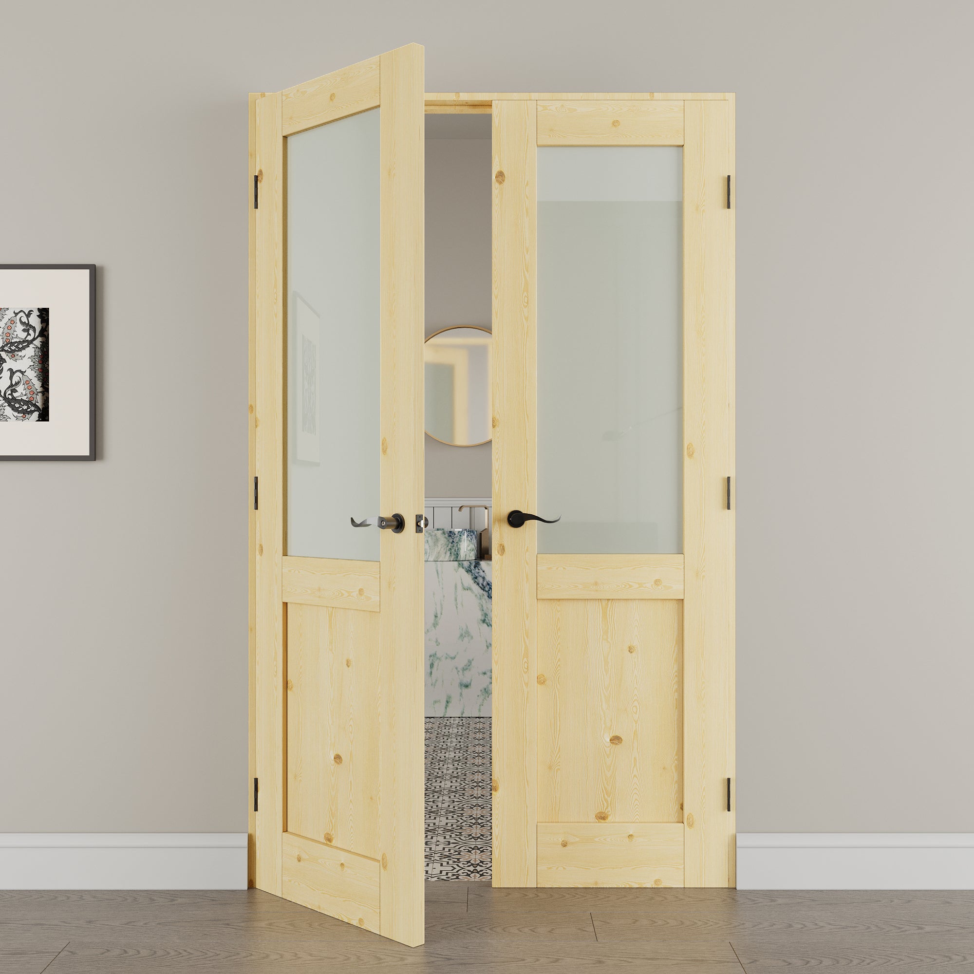 [Black Hardware Prehung French Door Collection] Half Lite Frosted Glass,Pine Wood Solid Core Double Prehung French Door with Ready-to-Assemble Jamb