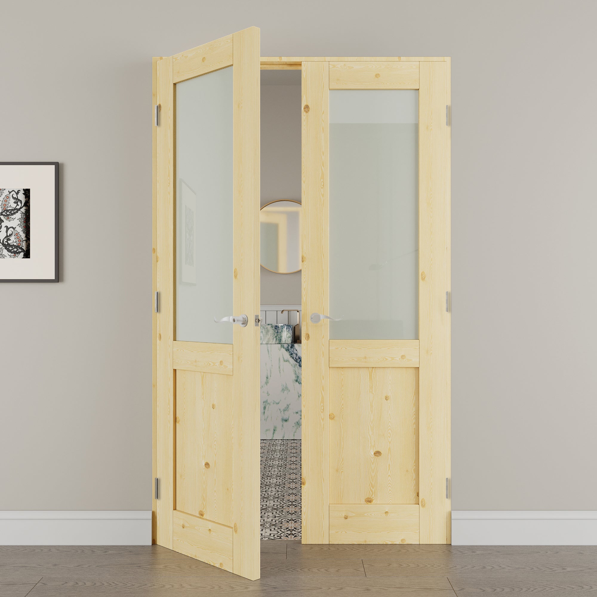 [Silver Hardware Prehung French Door Collection] Half Lite Frosted Glass,Pine Wood Solid Core Double Prehung French Door with Sliver Handware kit & Ready-to-Assemble Jamb