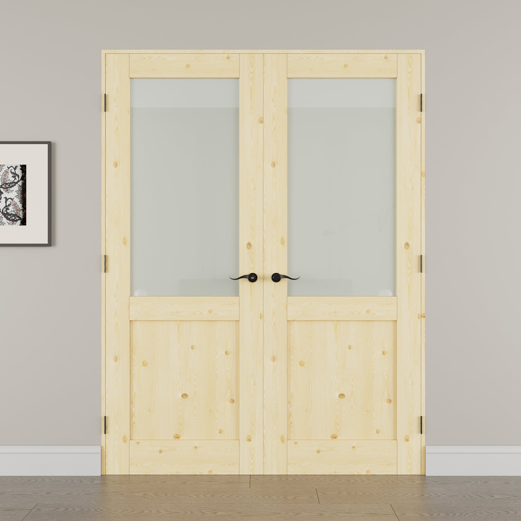 [Black Hardware Prehung French Door Collection] Half Lite Frosted Glass,Pine Wood Solid Core Double Prehung French Door with Ready-to-Assemble Jamb