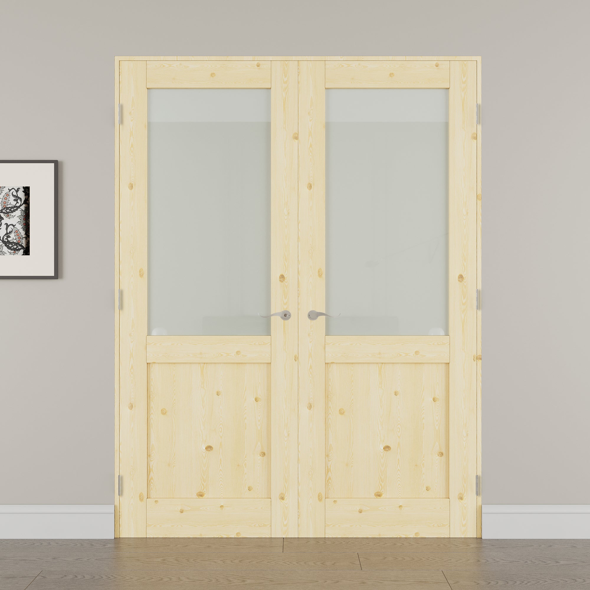 [Silver Hardware Prehung French Door Collection] Half Lite Frosted Glass,Pine Wood Solid Core Double Prehung French Door with Sliver Handware kit & Ready-to-Assemble Jamb