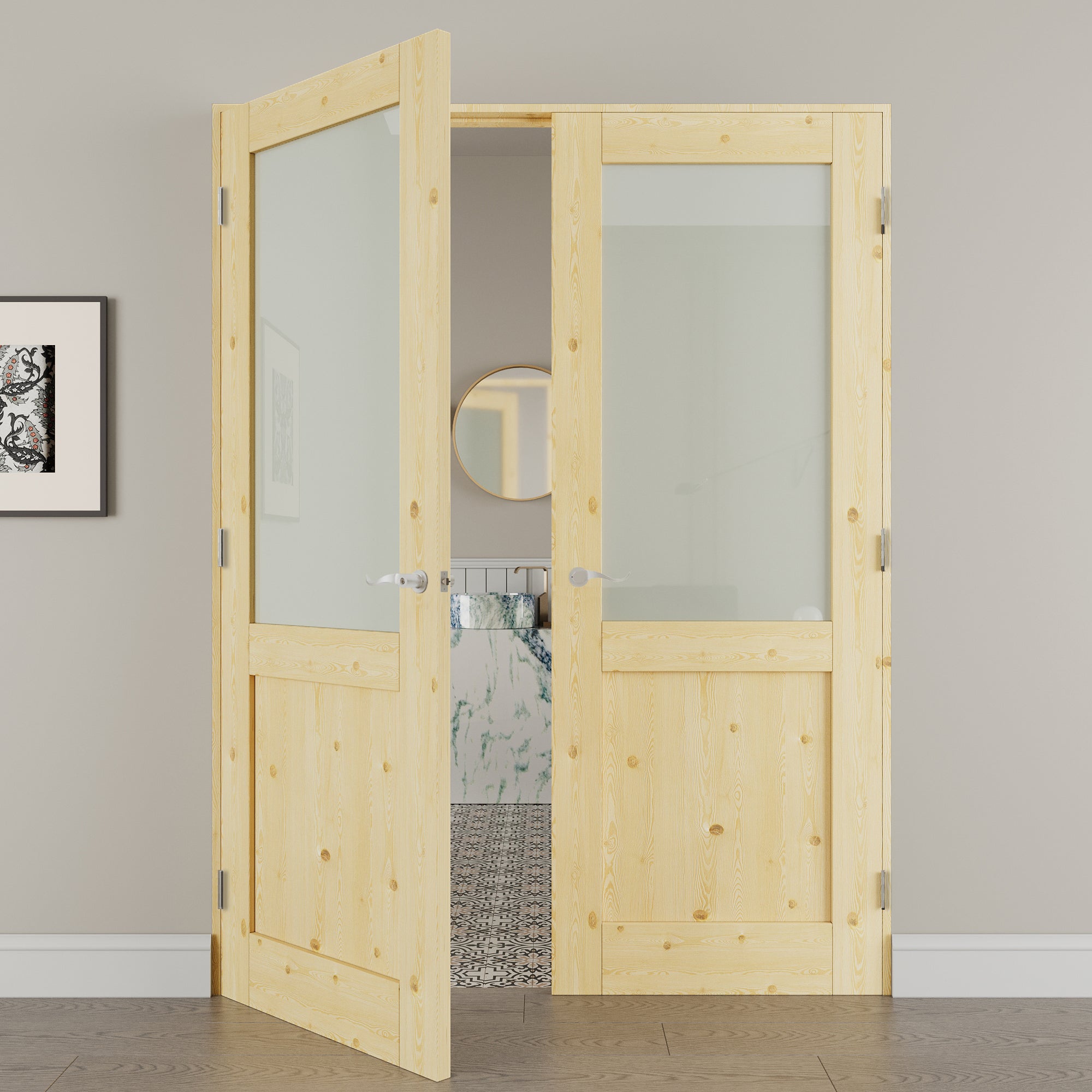 [Silver Hardware Prehung French Door Collection] Half Lite Frosted Glass,Pine Wood Solid Core Double Prehung French Door with Sliver Handware kit & Ready-to-Assemble Jamb