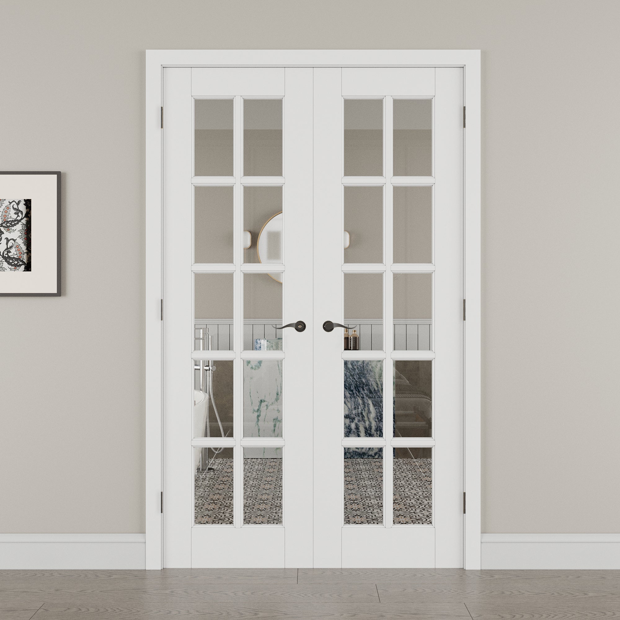 [Black Hardware Prehung French Door Collection] 10-Lite Clear Glass French Door with Hardware Kit & Ready-to-Assemble Jamb, Solid Core MDF Wood, White