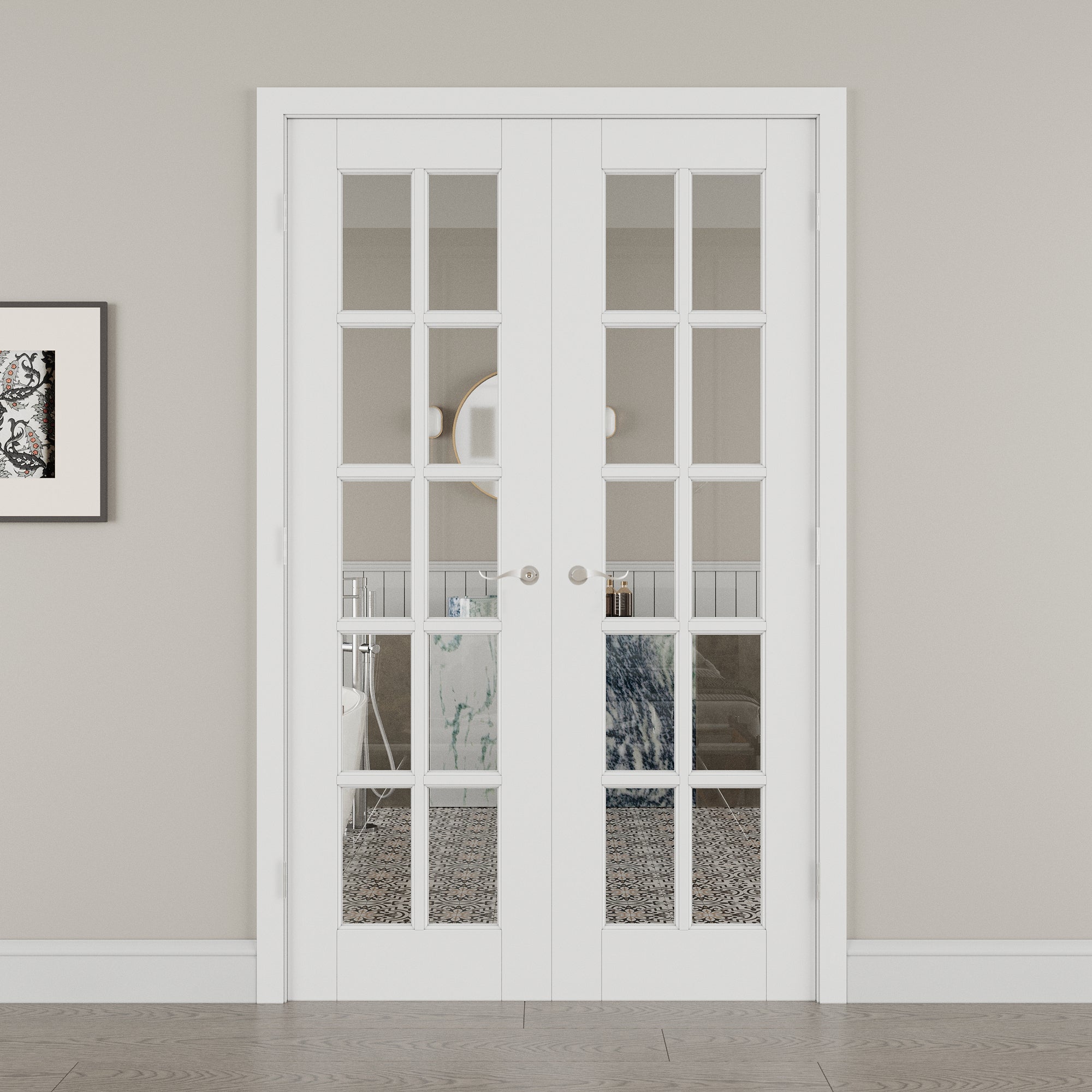 [Silver Hardware Prehung French Door Collection] 10-Lite Clear Glass French Door with Sliver Hardware Kit & Ready-to-Assemble Jamb, Solid Core MDF Wood, White