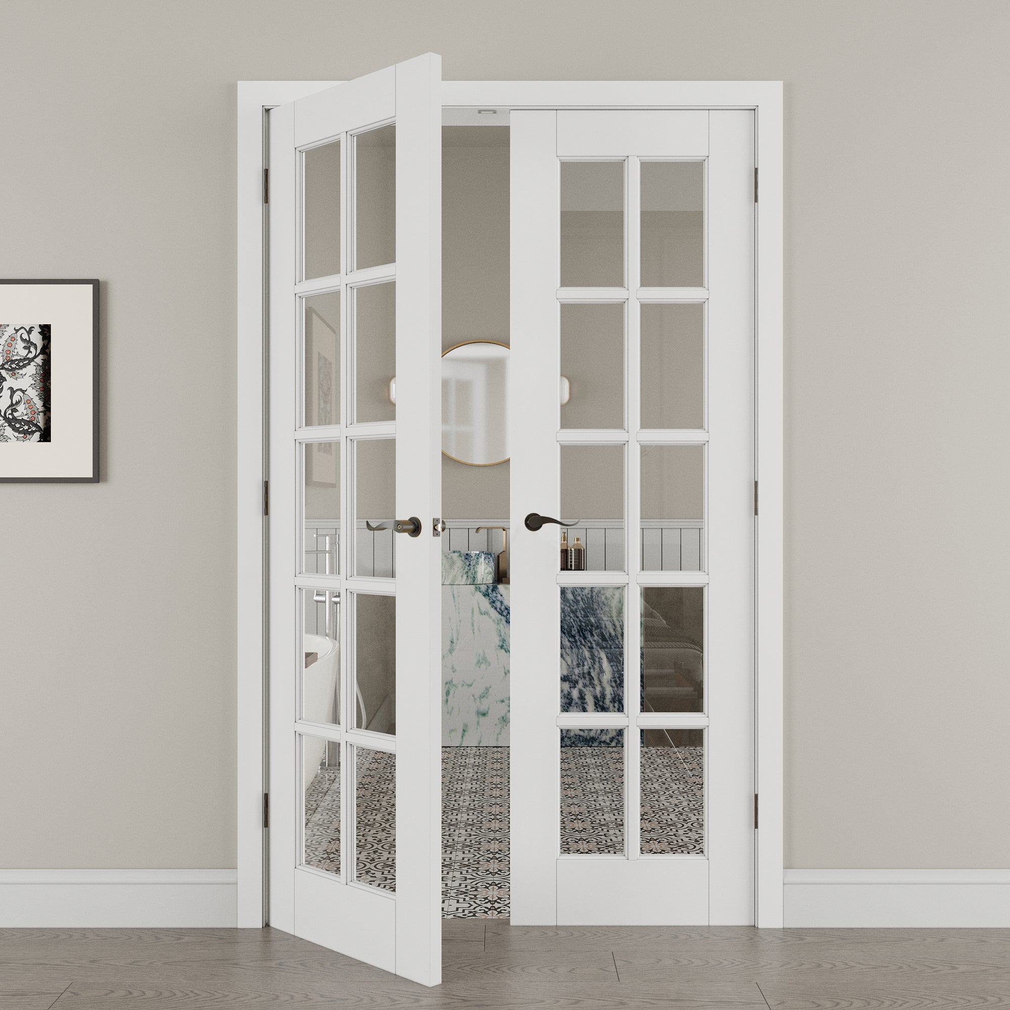 [Black Hardware Prehung French Door Collection] 10-Lite Clear Glass French Door with Hardware Kit & Ready-to-Assemble Jamb, Solid Core MDF Wood, White