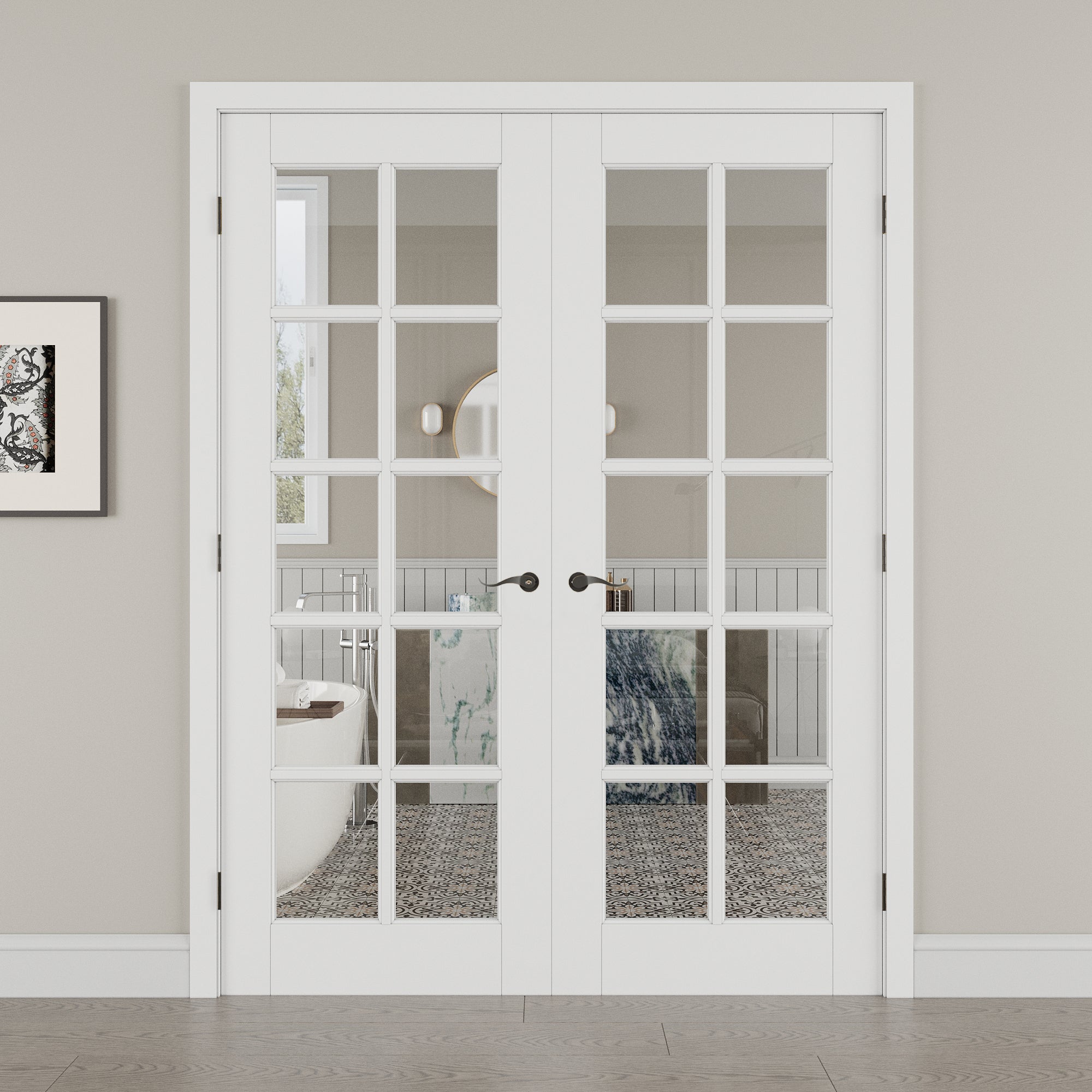 [Black Hardware Prehung French Door Collection] 10-Lite Clear Glass French Door with Hardware Kit & Ready-to-Assemble Jamb, Solid Core MDF Wood, White