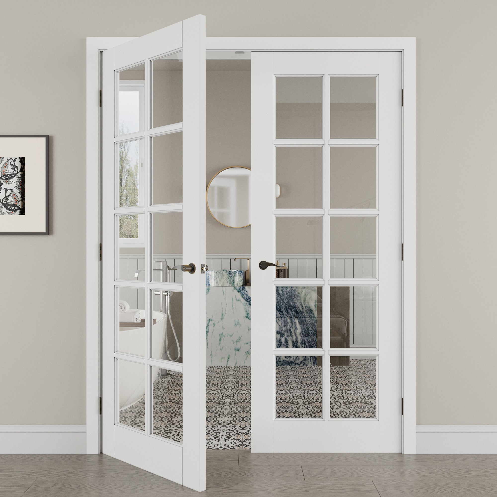 [Black Hardware Prehung French Door Collection] 10-Lite Clear Glass French Door with Hardware Kit & Ready-to-Assemble Jamb, Solid Core MDF Wood, White