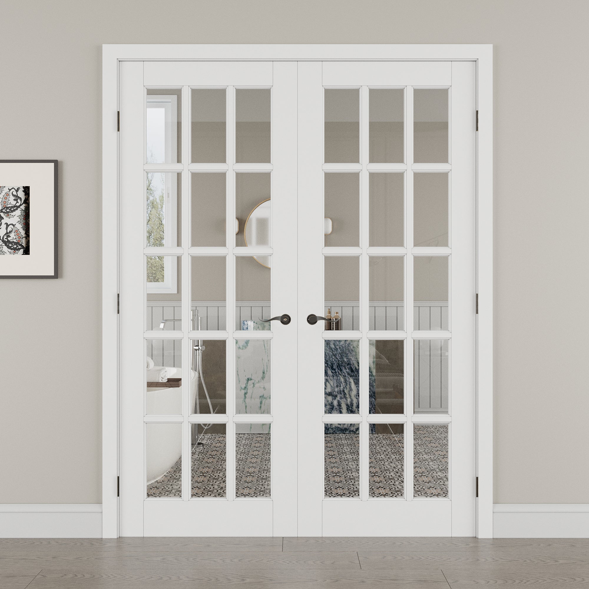 [Black Hardware Prehung French Door Collection] 15-Lite Clear Glass French Door with Hardware Kit & Ready-to-Assemble Jamb, Solid Core MDF Wood, White