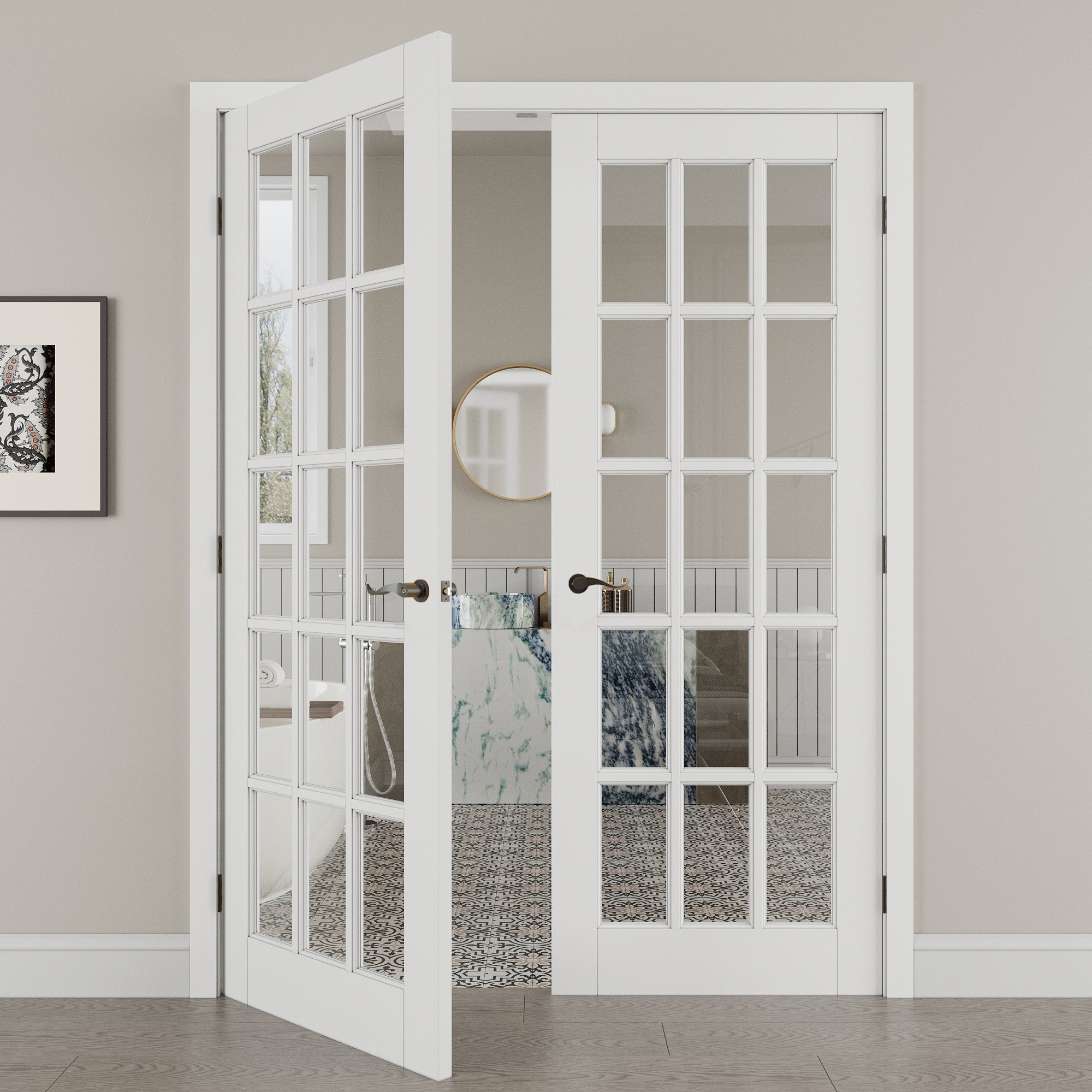 [Black Hardware Prehung French Door Collection] 15-Lite Clear Glass French Door with Hardware Kit & Ready-to-Assemble Jamb, Solid Core MDF Wood, White