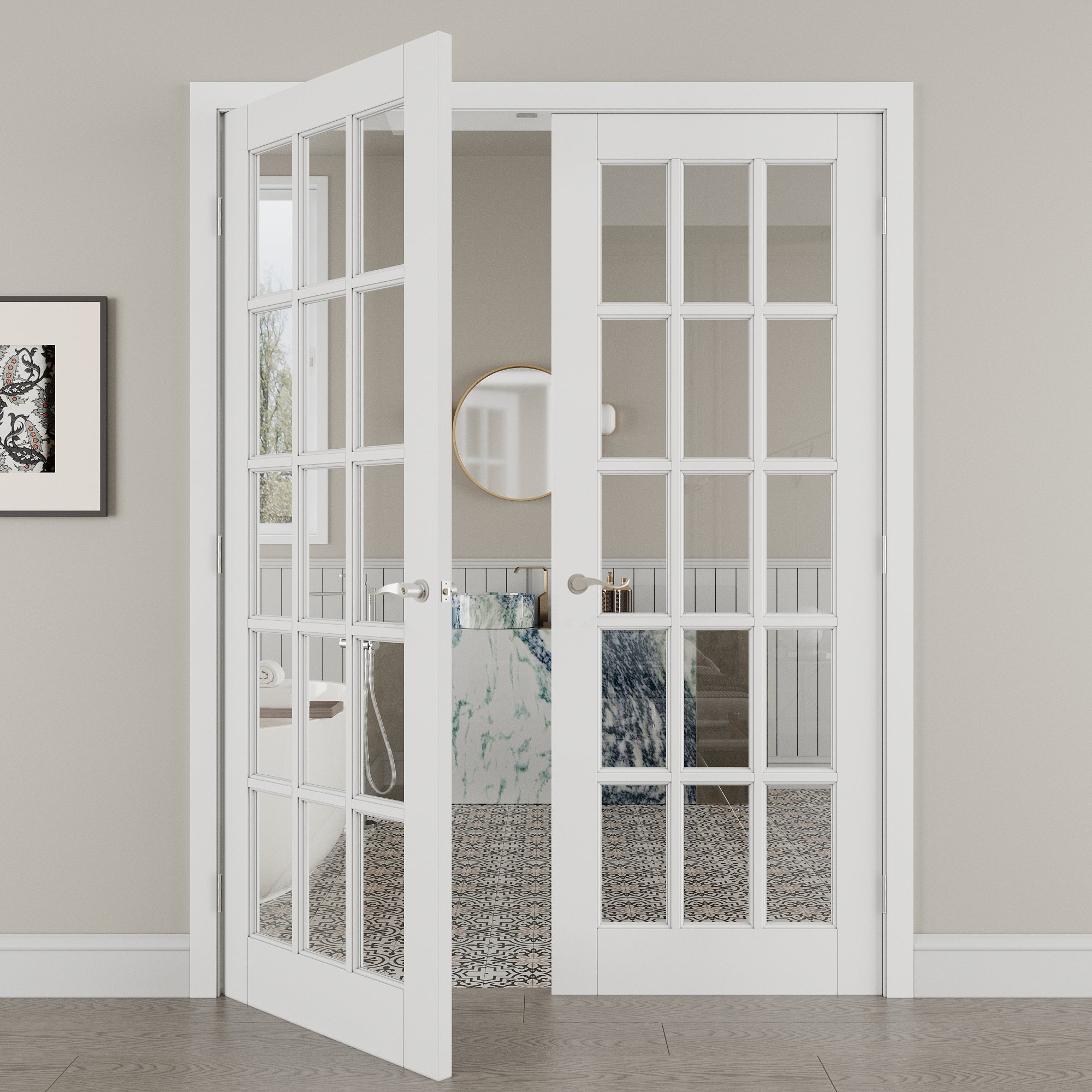 [Silver Hardware Prehung French Door Collection] 15-Lite Clear Glass French Door with Sliver Hardware Kit & Ready-to-Assemble Jamb, Solid Core MDF Wood, White