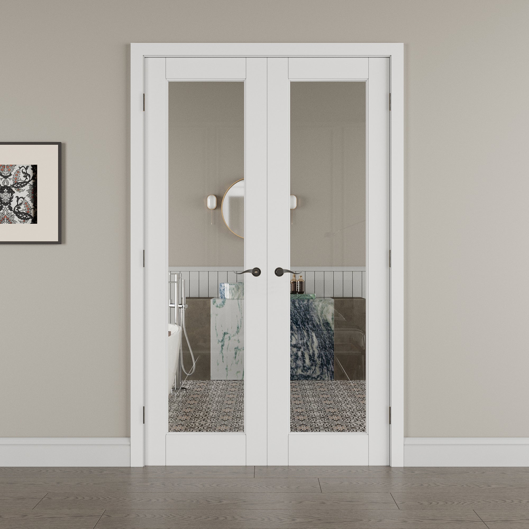 [Black Hardware Prehung French Door Collection] 1-Lite Clear Glass White Solid Core Double Prehung French Door with Ready-to-Assemble Jamb