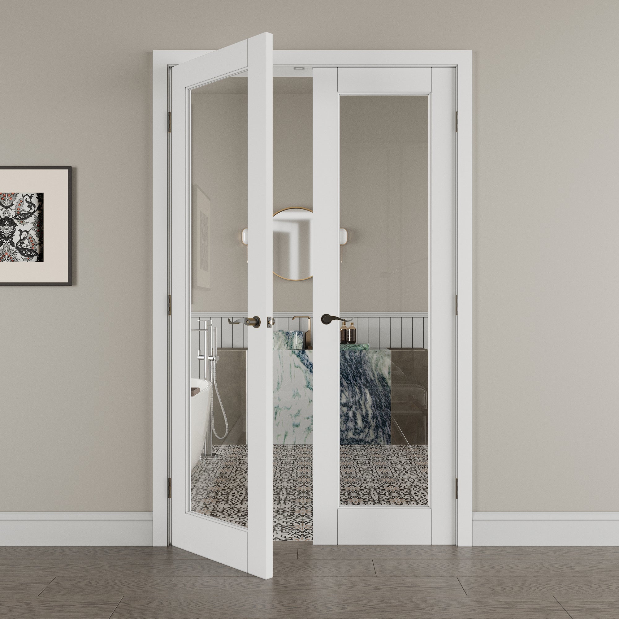 [Black Hardware Prehung French Door Collection] 1-Lite Clear Glass White Solid Core Double Prehung French Door with Ready-to-Assemble Jamb