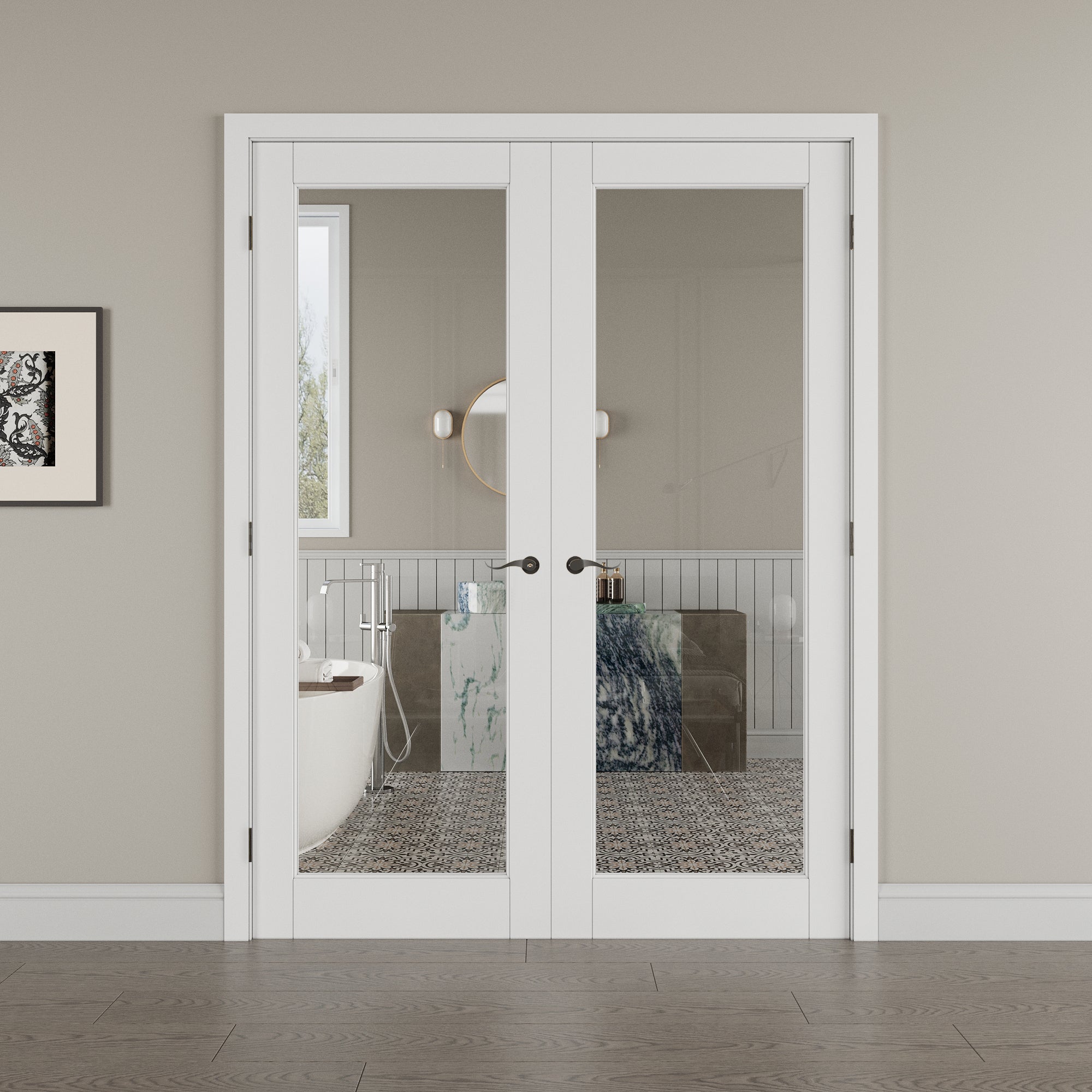 [Black Hardware Prehung French Door Collection] 1-Lite Clear Glass White Solid Core Double Prehung French Door with Ready-to-Assemble Jamb