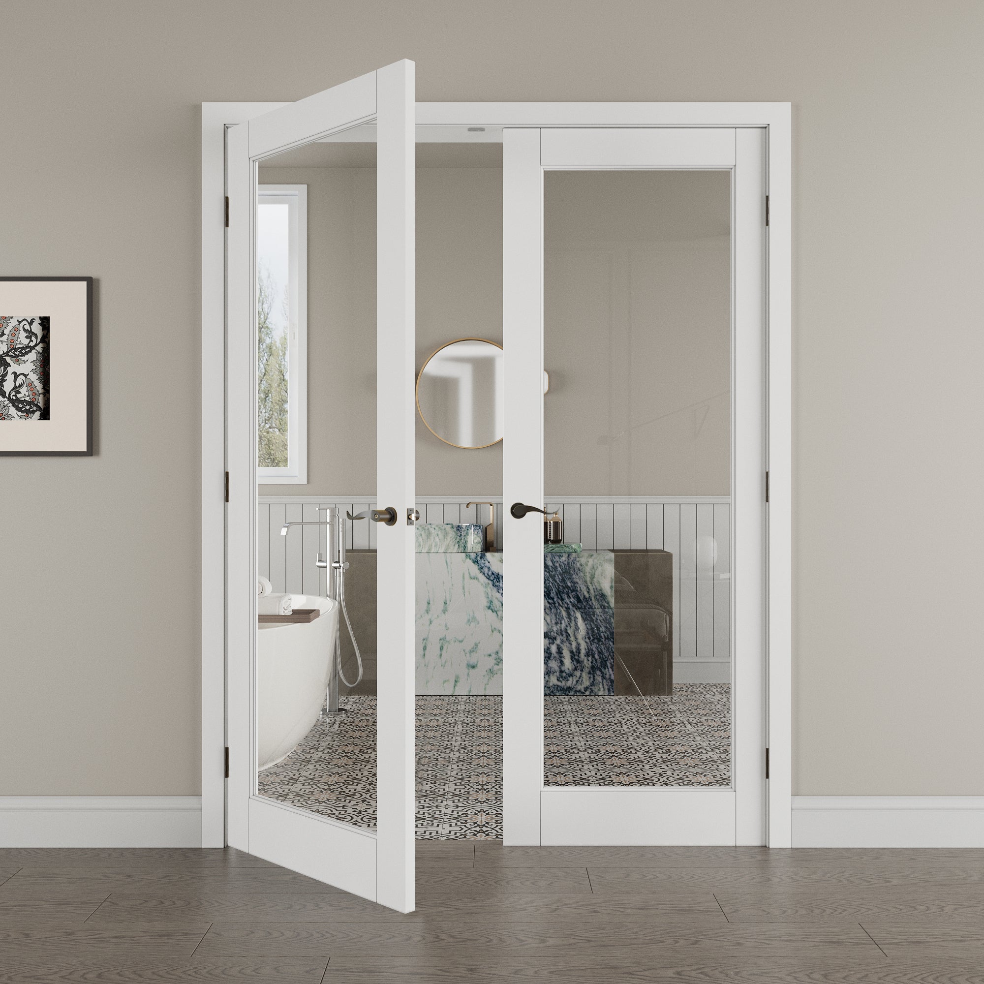 [Black Hardware Prehung French Door Collection] 1-Lite Clear Glass White Solid Core Double Prehung French Door with Ready-to-Assemble Jamb