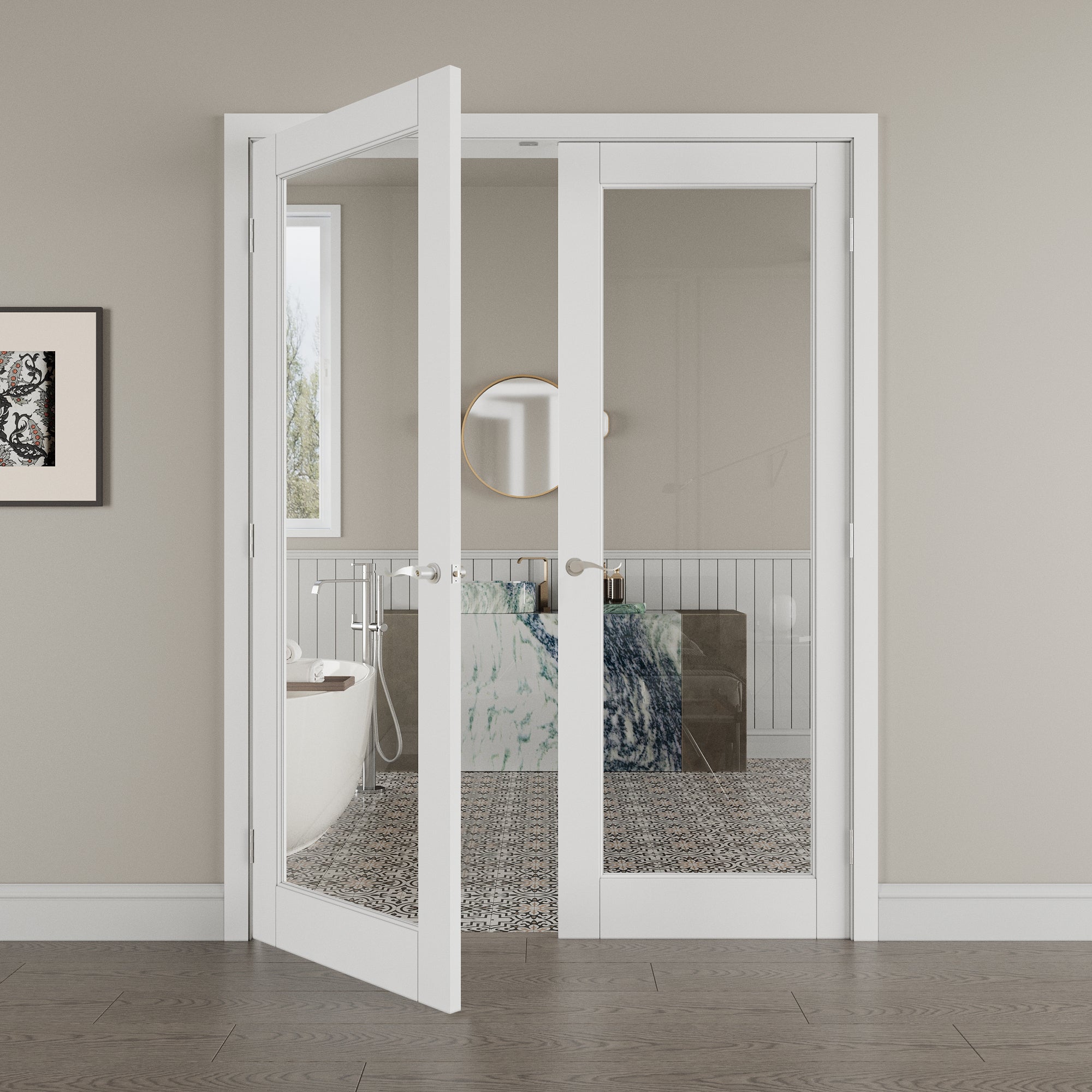 [Silver Hardware Prehung French Door Collection] 1-Lite Clear Glass White Solid Core Double Prehung French Door with Sliver Handware kit & Ready-to-Assemble Jamb